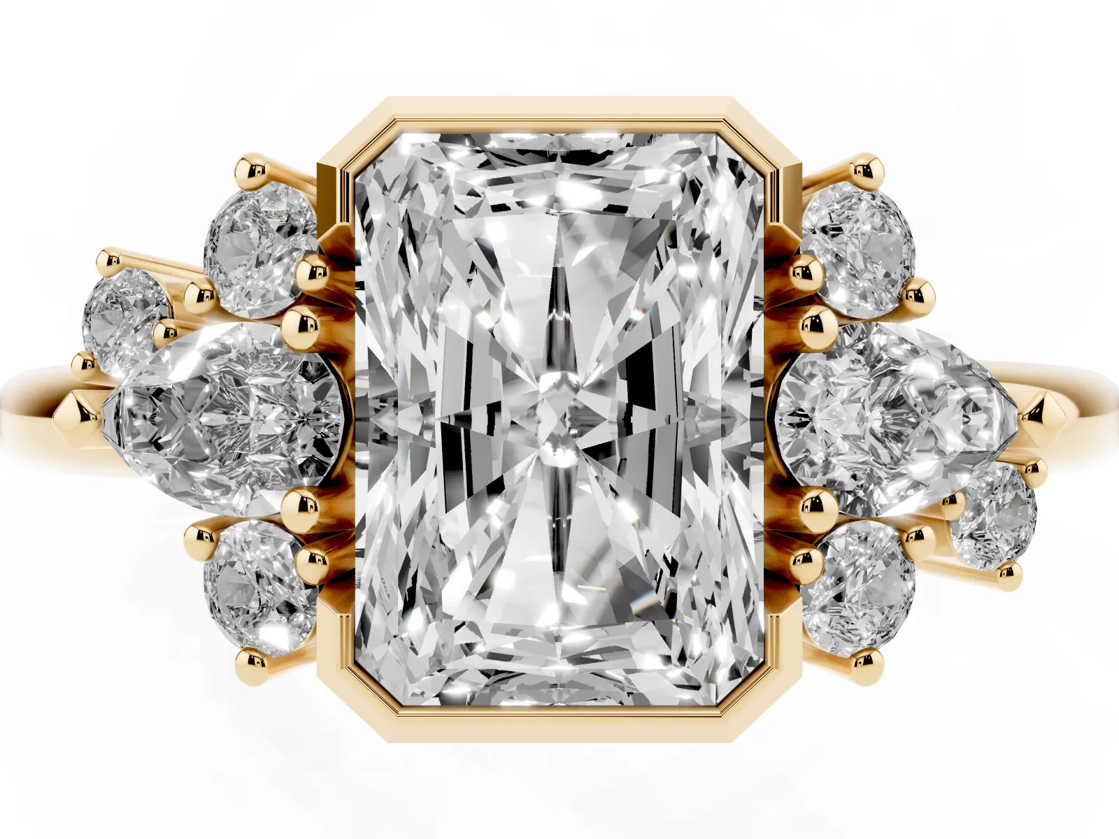Radiant Diamond Engagement Ring with Pear and Round Side Stones Yellow gold