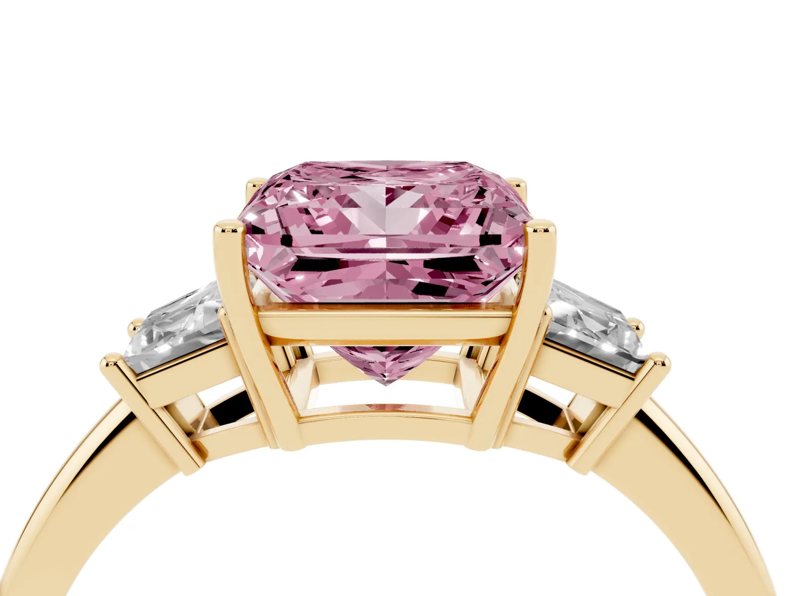 Fancy Pink Princess Cut Diamond Three-Stone Ring with Trapezoid Side Stones and Prong Setting Yellow gold