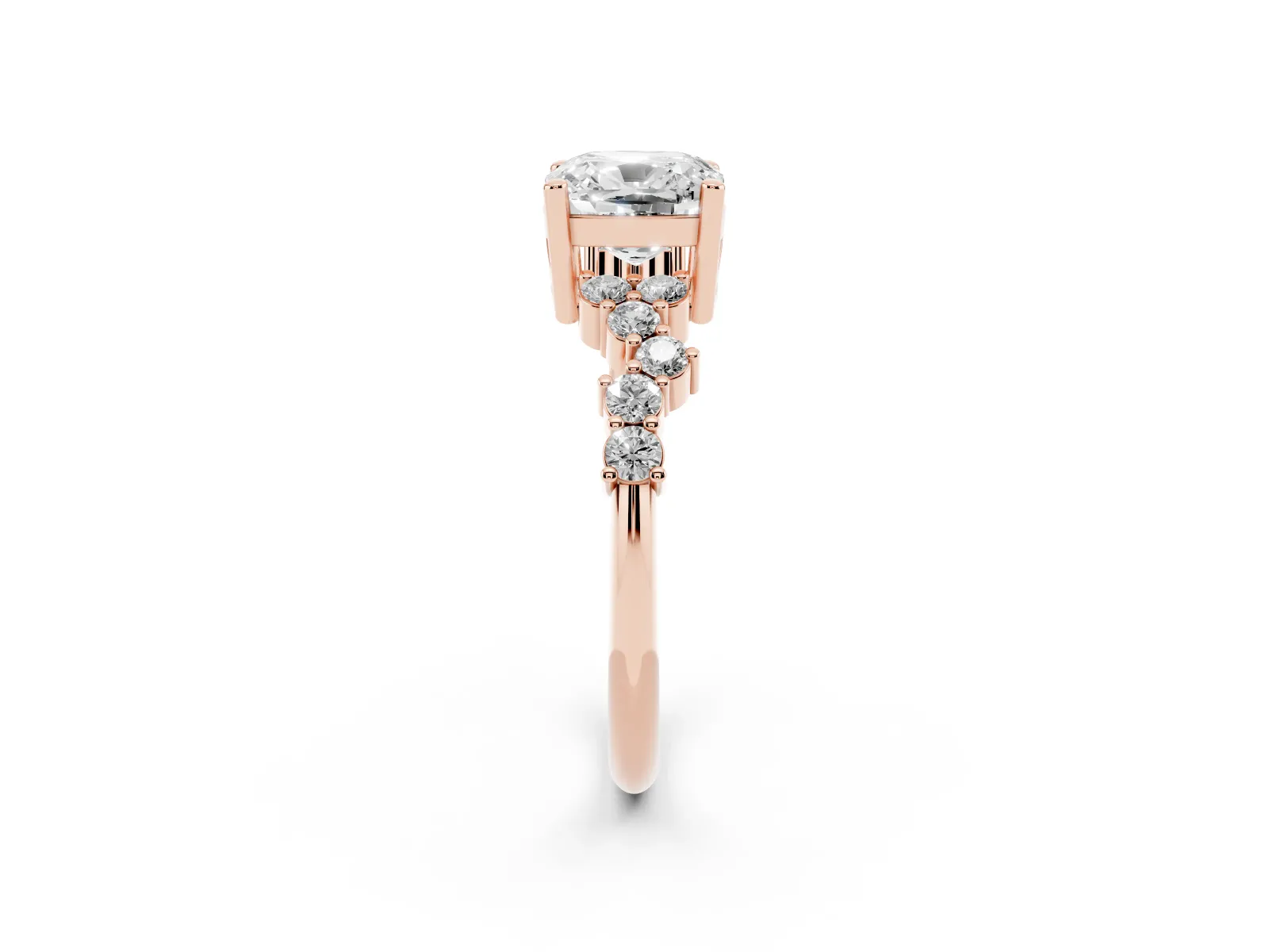 Cushion Cut Diamond Scattered Round Accent Ring with Prong Setting Rose gold