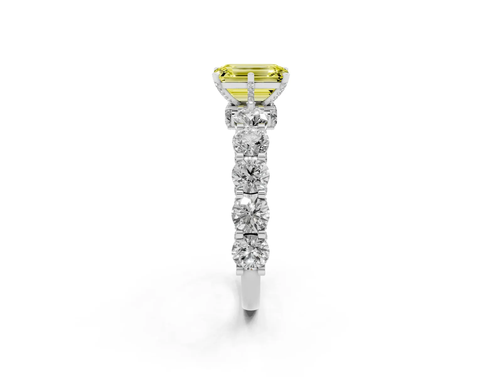 Fancy Yellow Emerald Cut Diamond Side Stone Engagement Ring with Four-Prong Setting Platinum