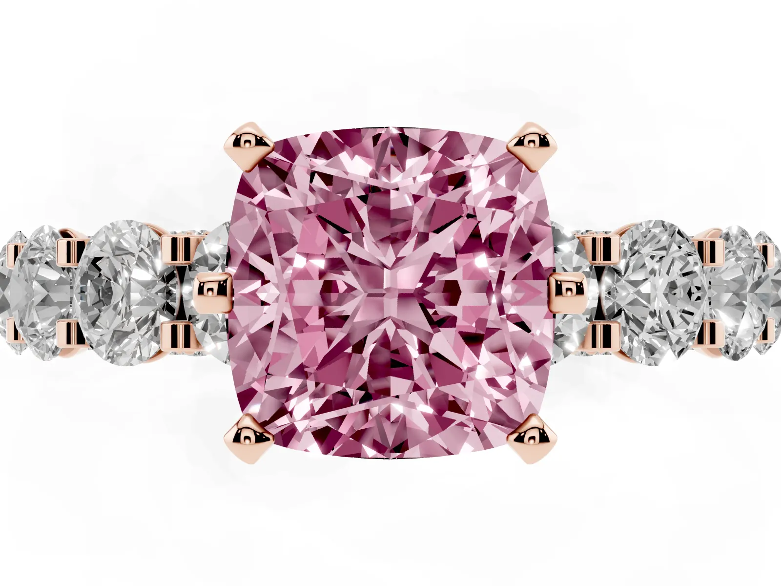 Fancy Pink Cushion Cut Diamond Side Stone Engagement Ring with Four-Prong Setting Rose gold