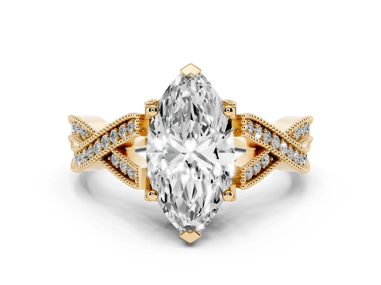Marquise Cut Cut Diamond Twisted Band with Milgrain Pave Setting and Four-Prong Setting Yellow gold