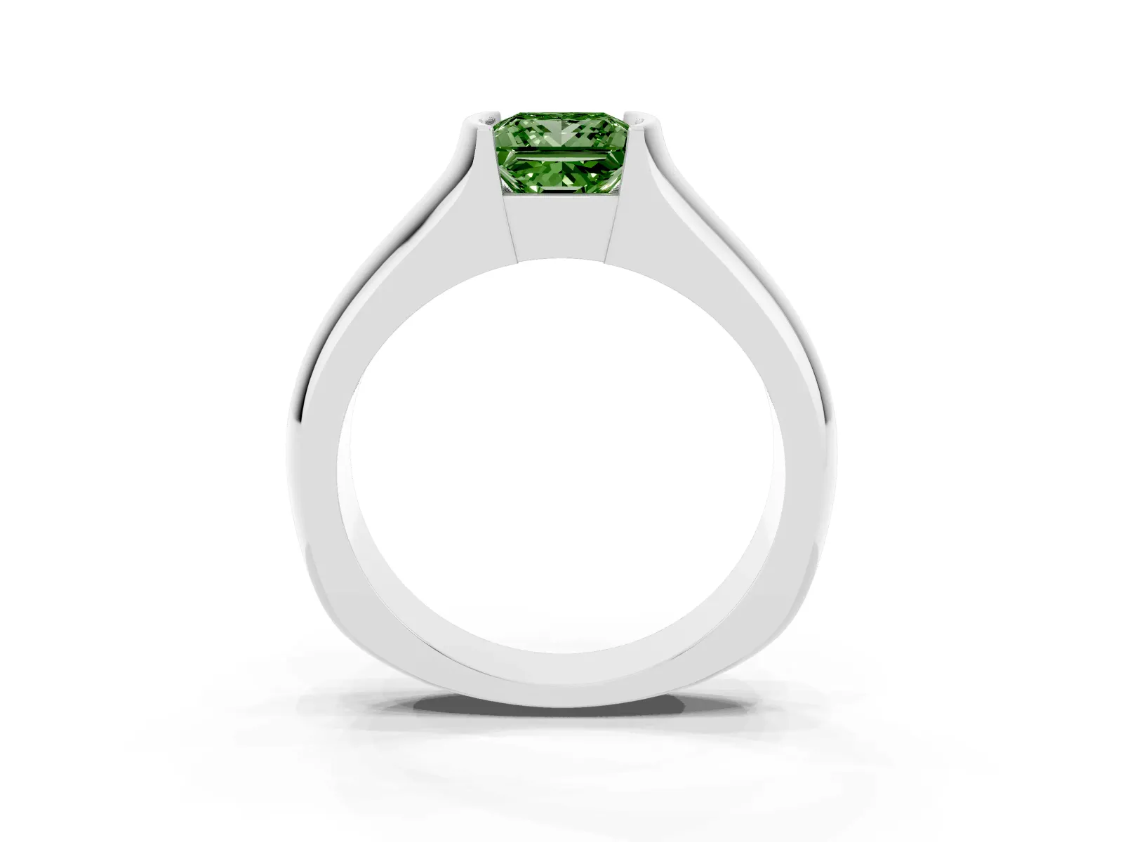 Fancy Green Princess Cut Solitaire Bezel Set Diamond Ring with Wide Band White gold