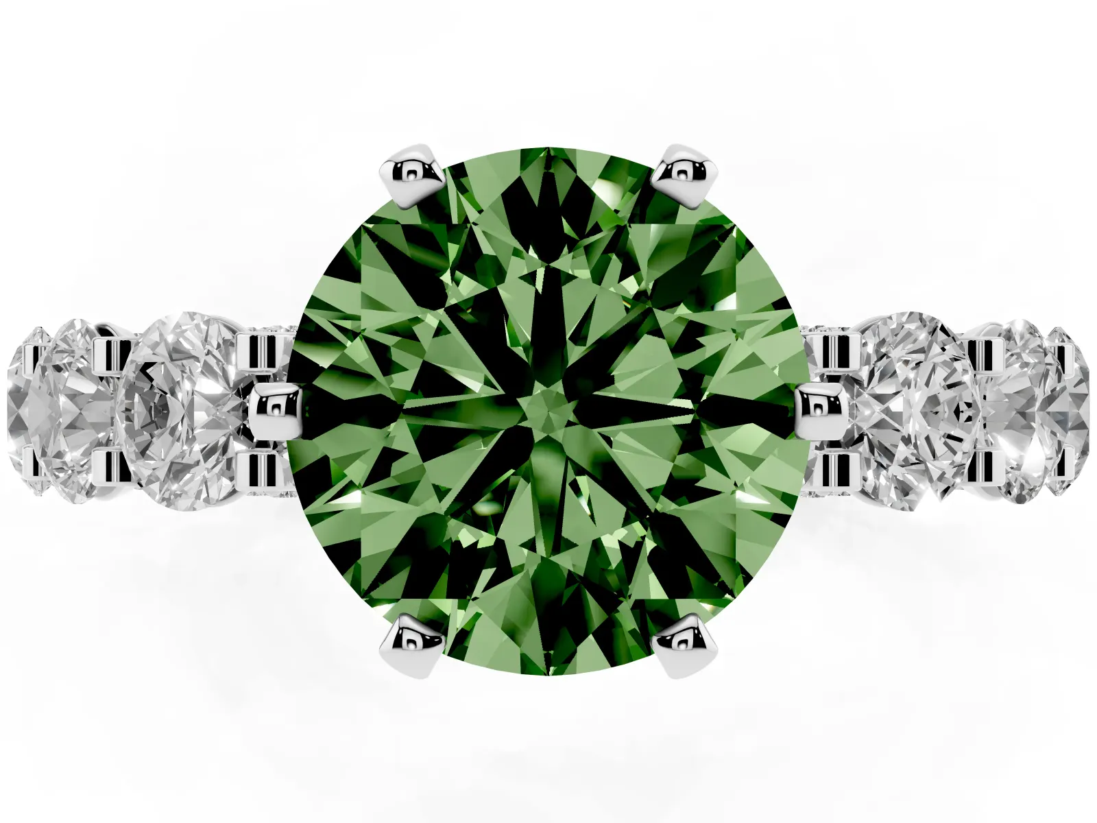 Fancy Green Round Cut Diamond Side Stone Engagement Ring with Four-Prong Setting White gold