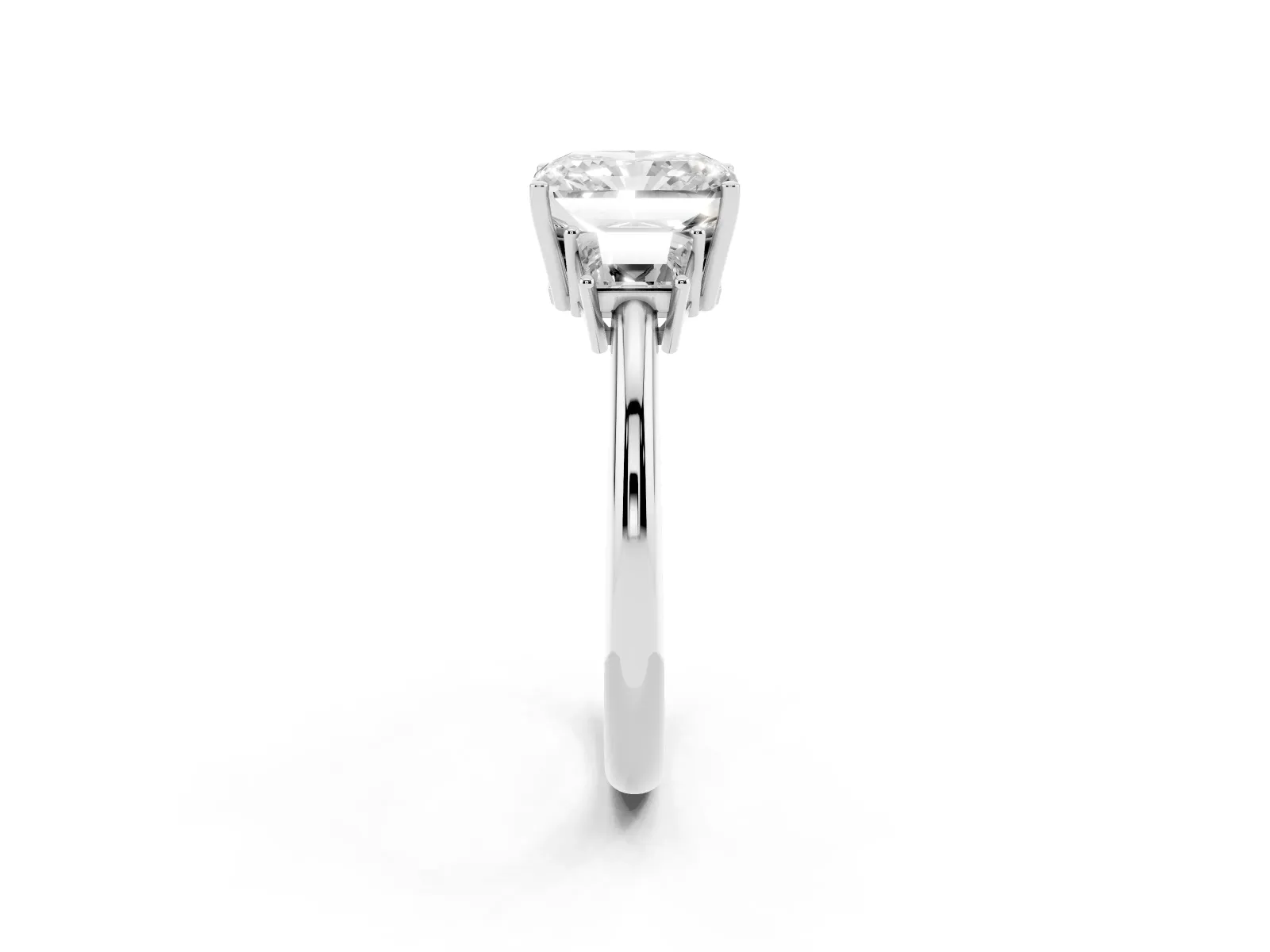 Radiant Cut Diamond Three-Stone Ring with Trapezoid Side Stones and Prong Setting Platinum