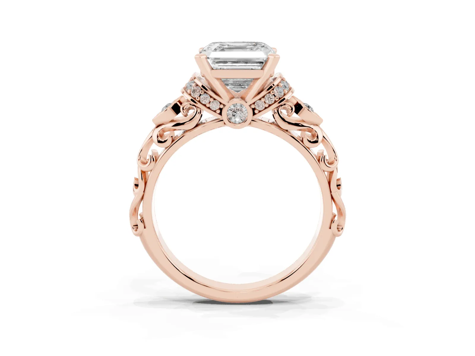 Asscher Cut Diamond Solitaire Ring with Filigree Band and Four-Prong Setting Rose gold