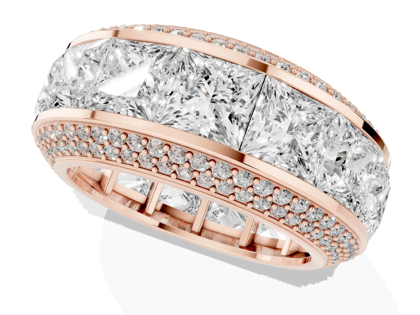 Princess Diamond Pavé Mens Wedding Band with Round Diamond Accents Rose gold