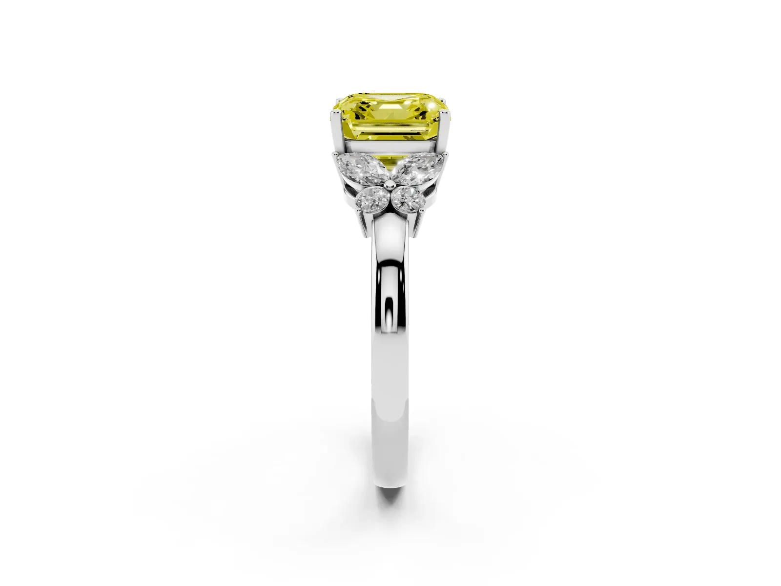 Fancy Yellow Asscher Cut Cut Solitaire Floral Diamond Ring with Four-Prong Setting Platinum