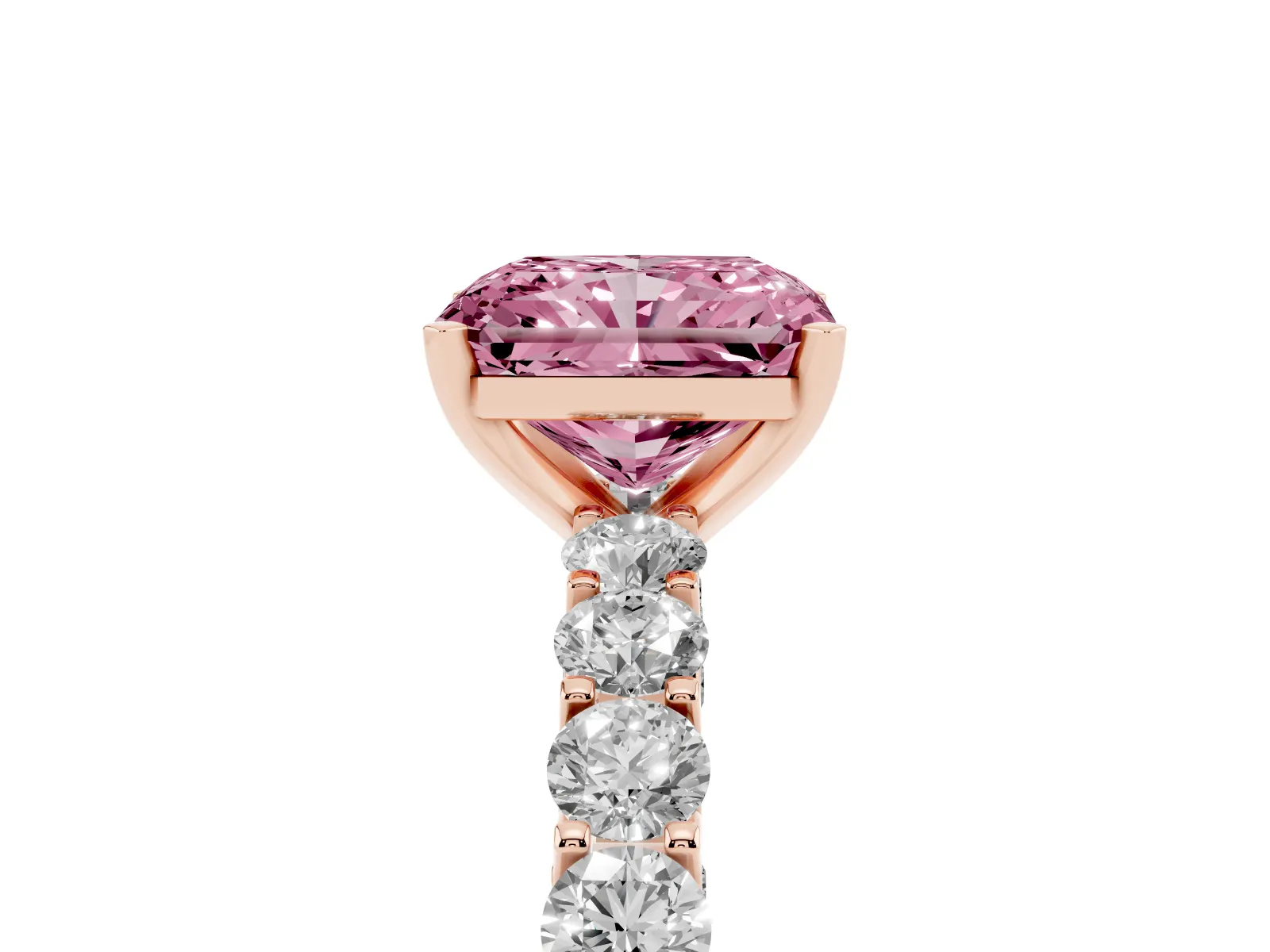 Fancy Pink Radiant Cut Diamond Solitaire Ring with Shared Prong Pavé Band and Four-Prong Setting Rose gold