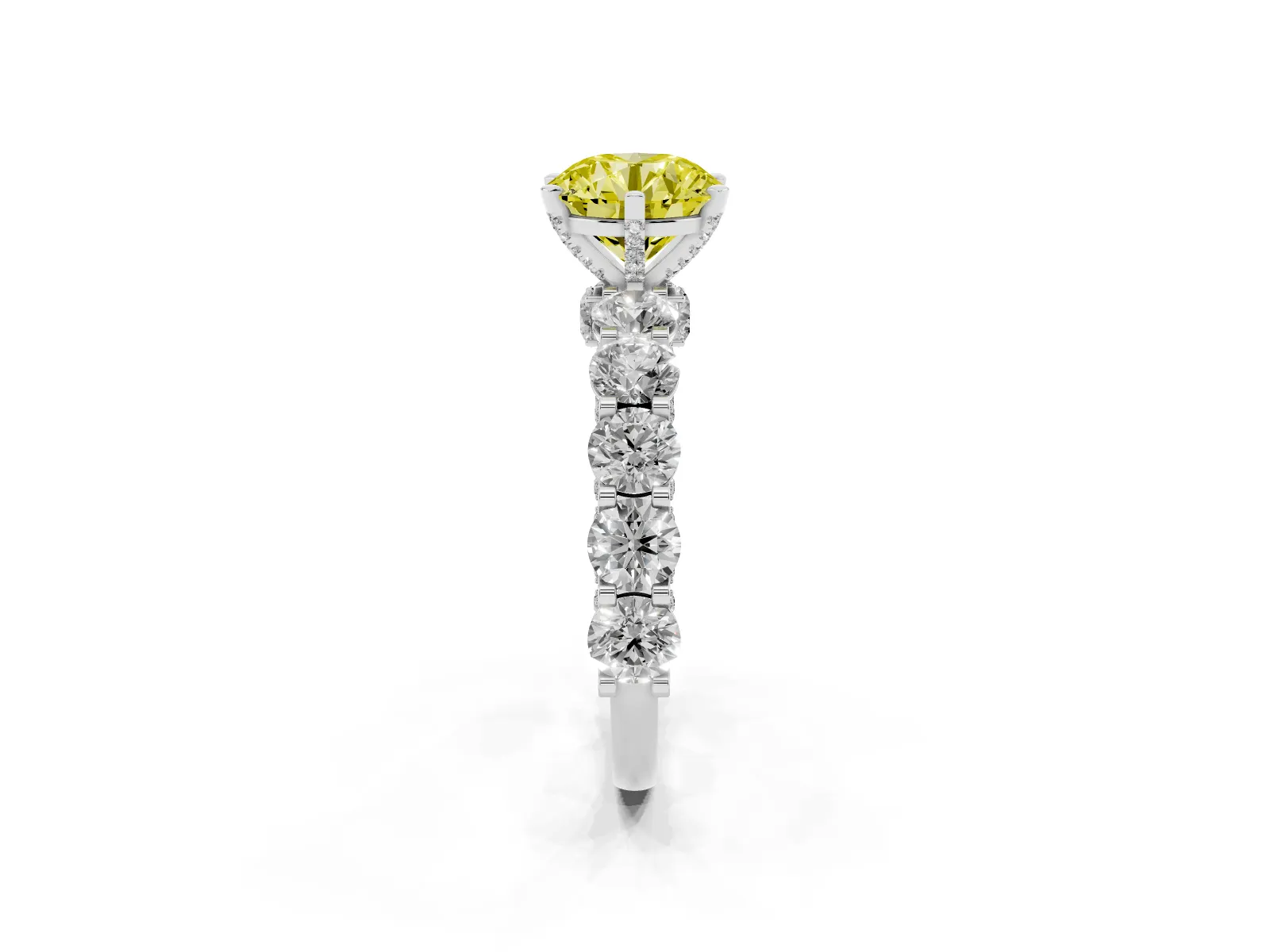 Fancy Yellow Round Cut Diamond Side Stone Engagement Ring with Four-Prong Setting White gold