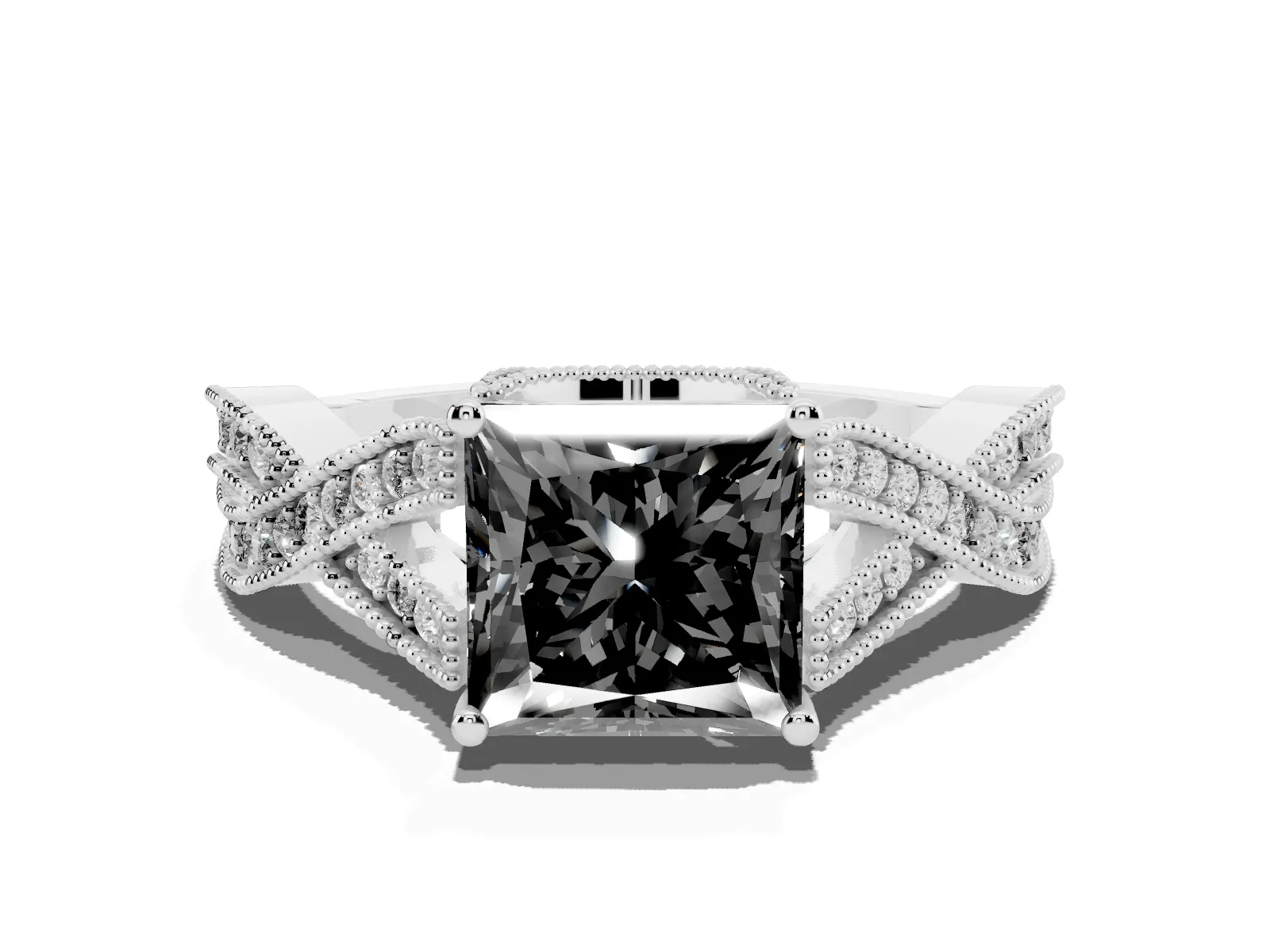 Fancy Black Princess Cut Cut Diamond Twisted Band with Milgrain Pave Setting and Four-Prong Setting Platinum