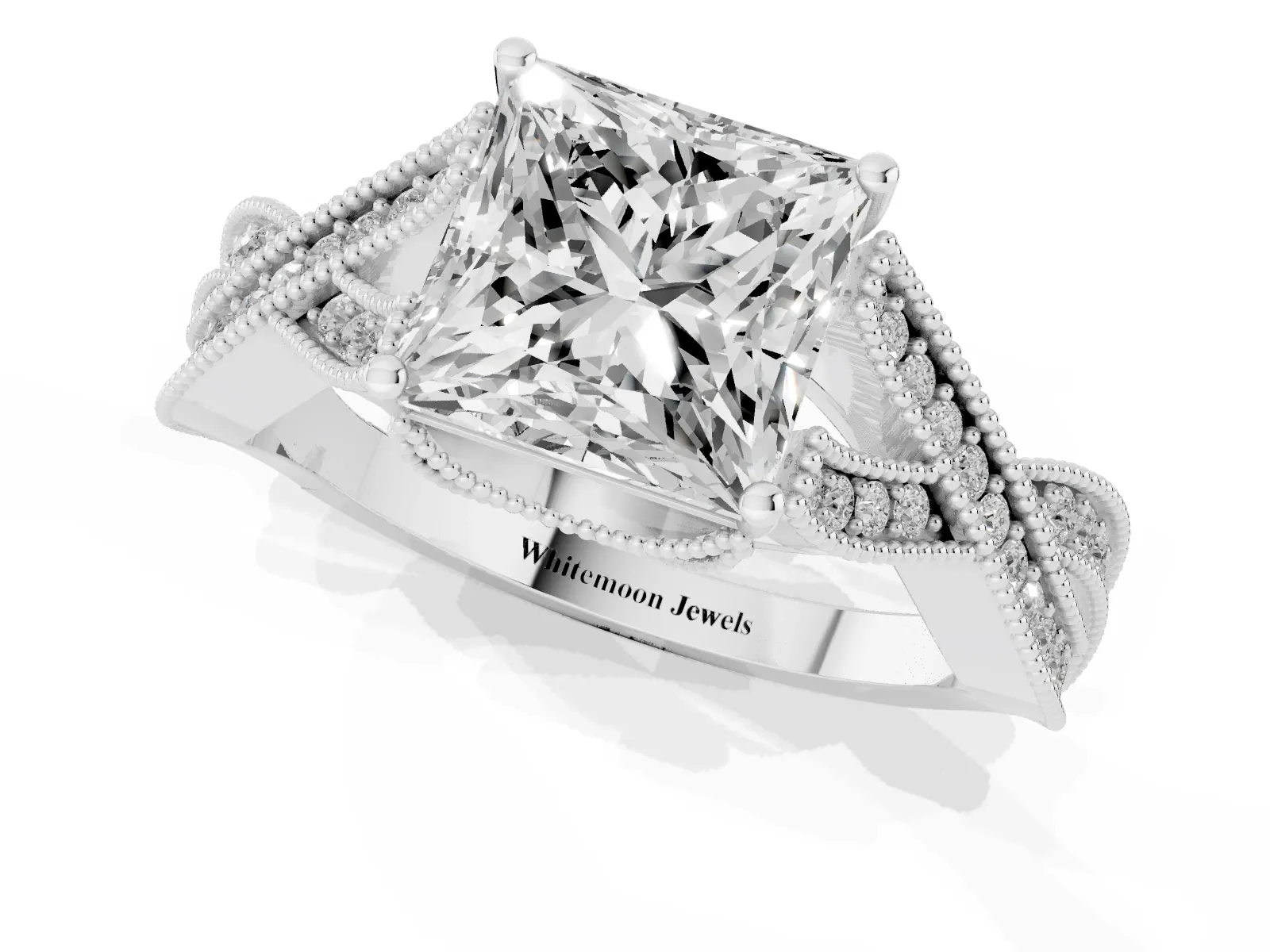 Princess Cut Cut Diamond Twisted Band with Milgrain Pave Setting and Four-Prong Setting Platinum