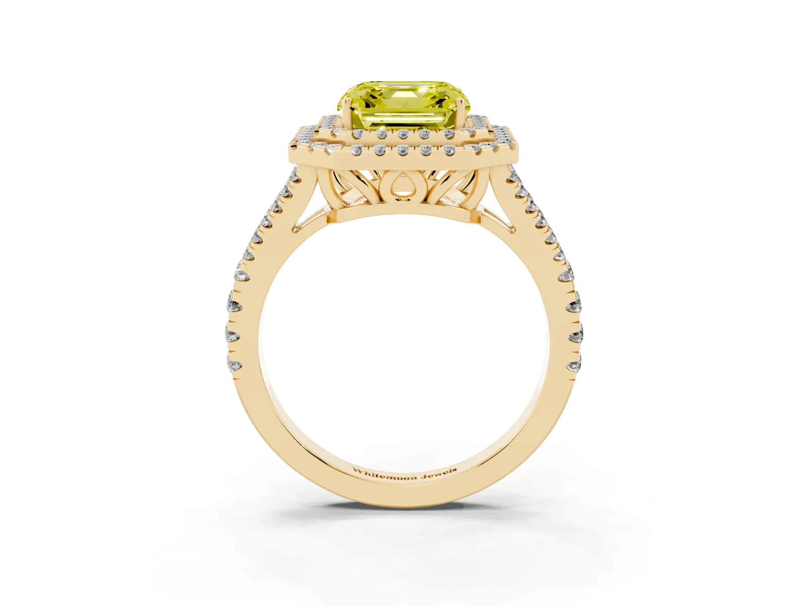 Fancy Yellow Asscher Cut Diamond Double Halo Ring with Pavé Band and Prong Setting Yellow gold
