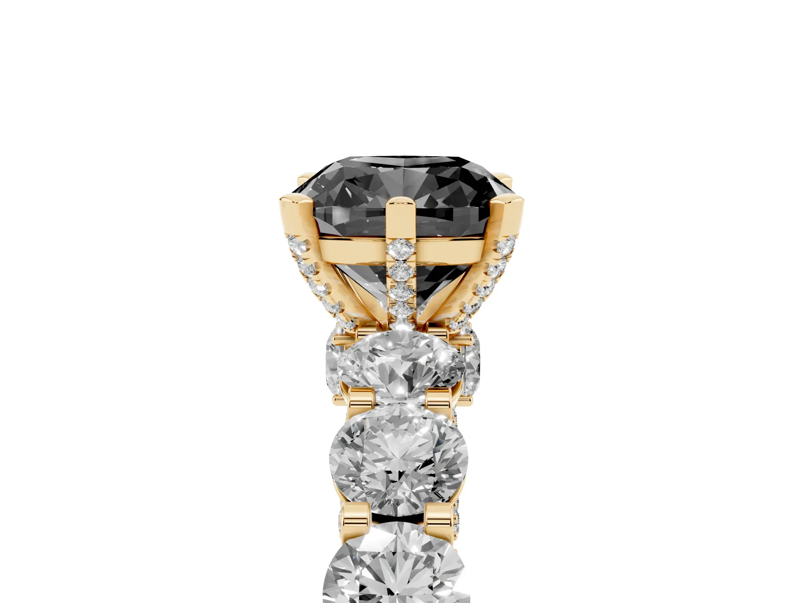 Fancy Black Cushion Cut Diamond Side Stone Engagement Ring with Four-Prong Setting Yellow gold