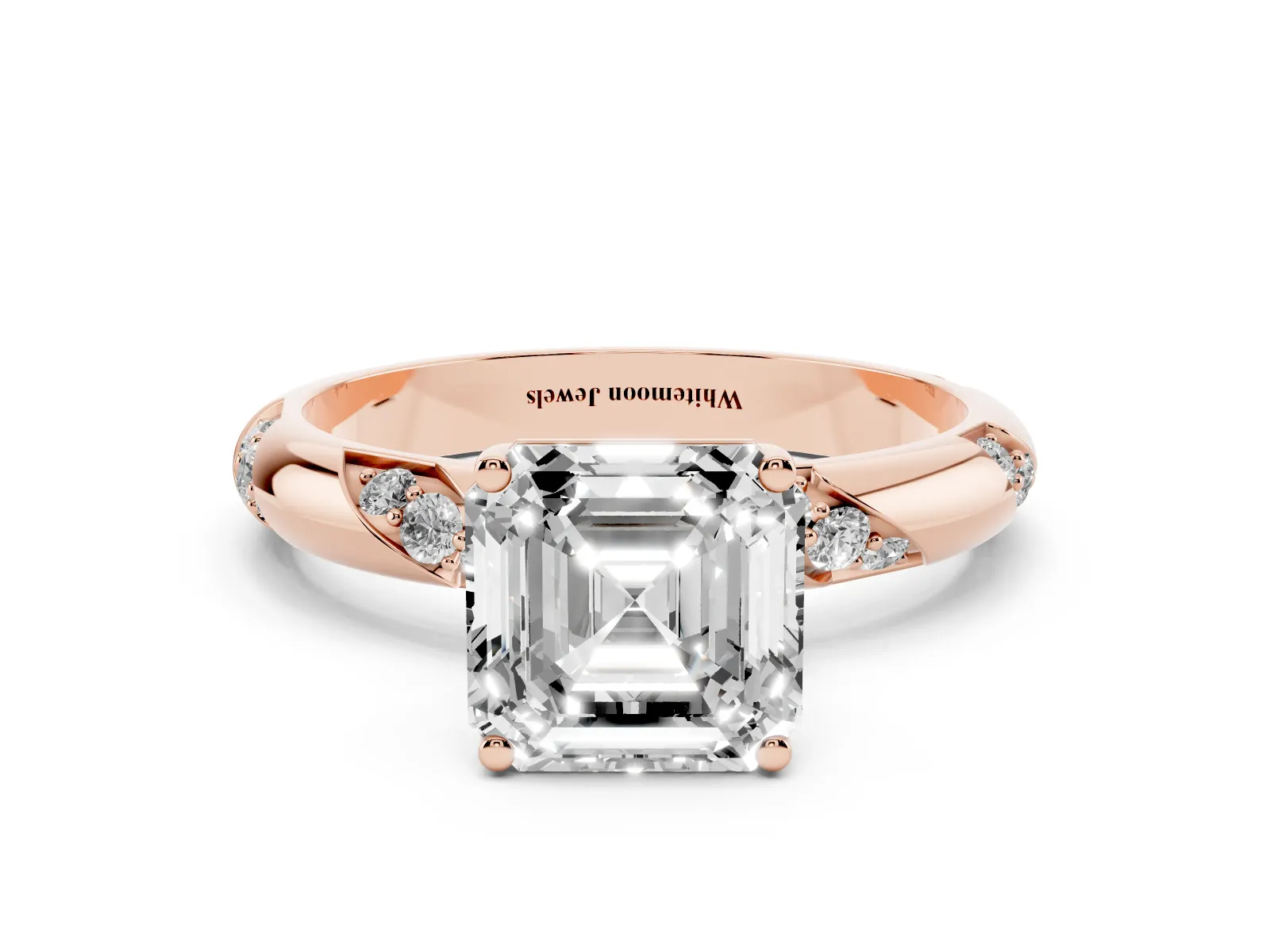 Asscher Cut Diamond Solitaire Engagement Ring with Twisted Round Accent Band and Prong Setting Rose gold