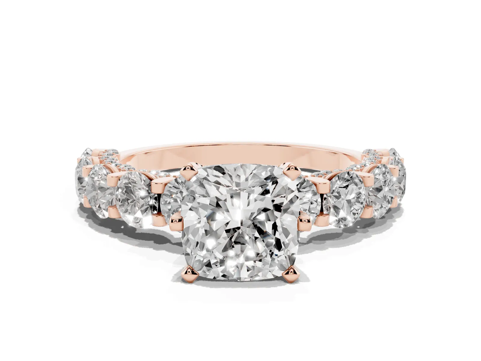 Cushion Cut Diamond Side Stone Engagement Ring with Four-Prong Setting Rose gold