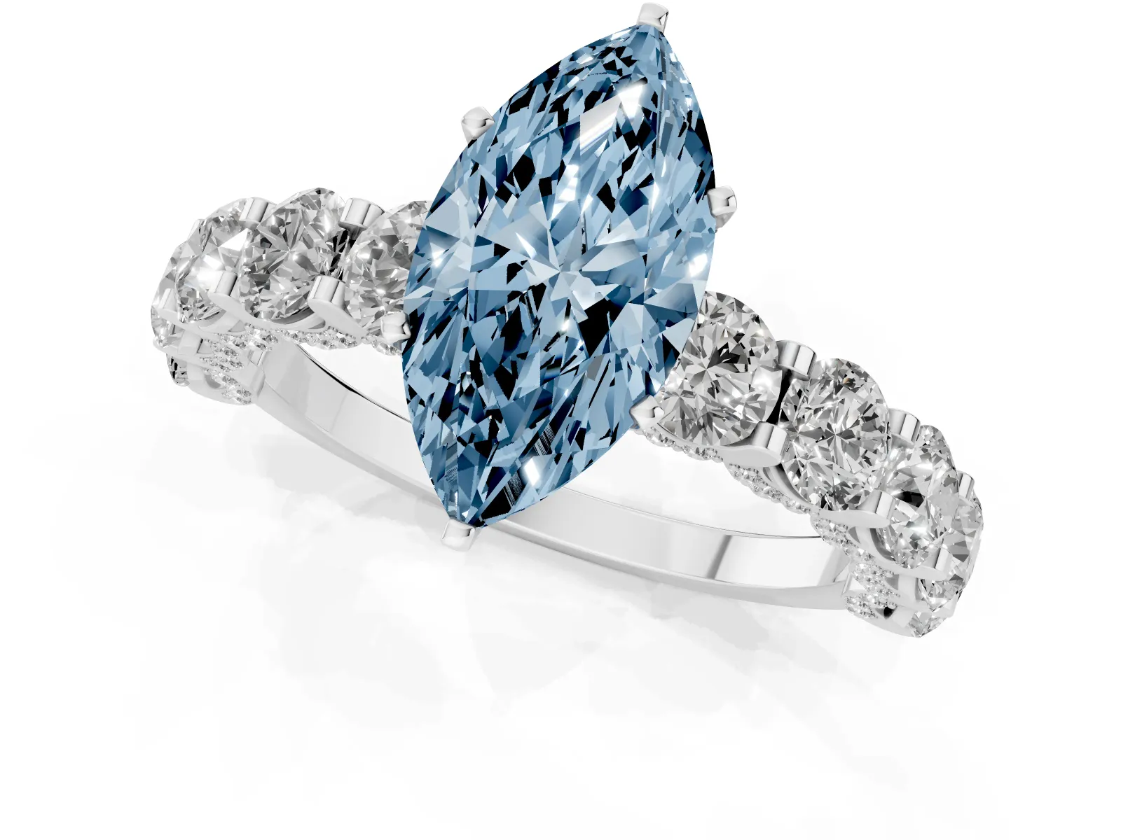 Fancy Blue Marquise Cut Diamond Side Stone Engagement Ring with Four-Prong Setting Platinum