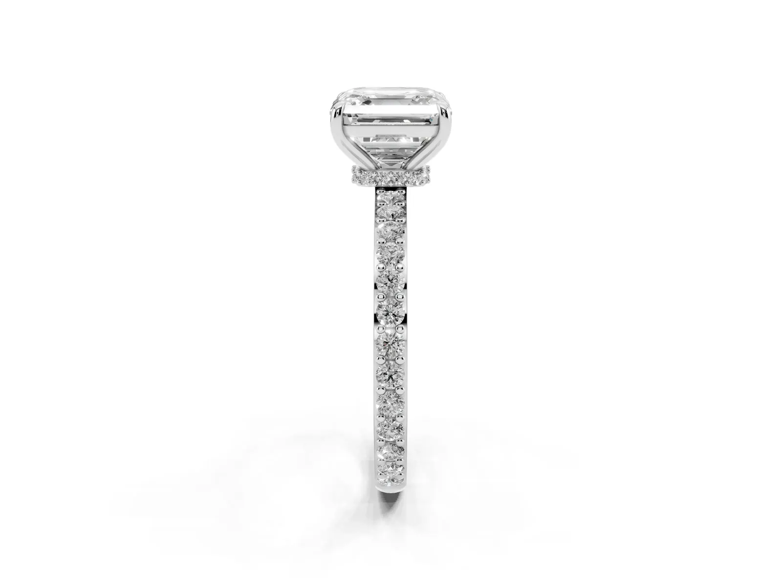 Asscher Cut Diamond Solitaire Engagement Ring with Pavé Band and Four-Prong Setting White gold