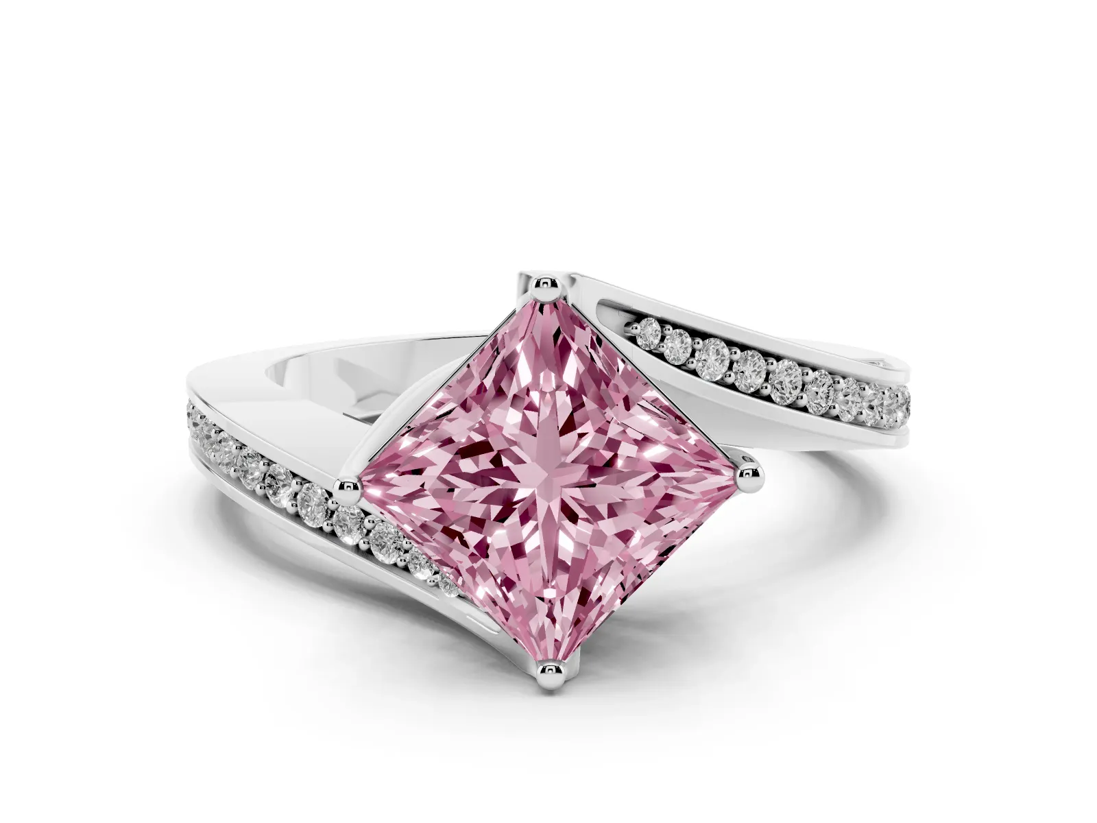 Fancy Pink Princess Cut Solitaire Diamond Twist Band with Pavé Setting and Four-Prong Setting Platinum