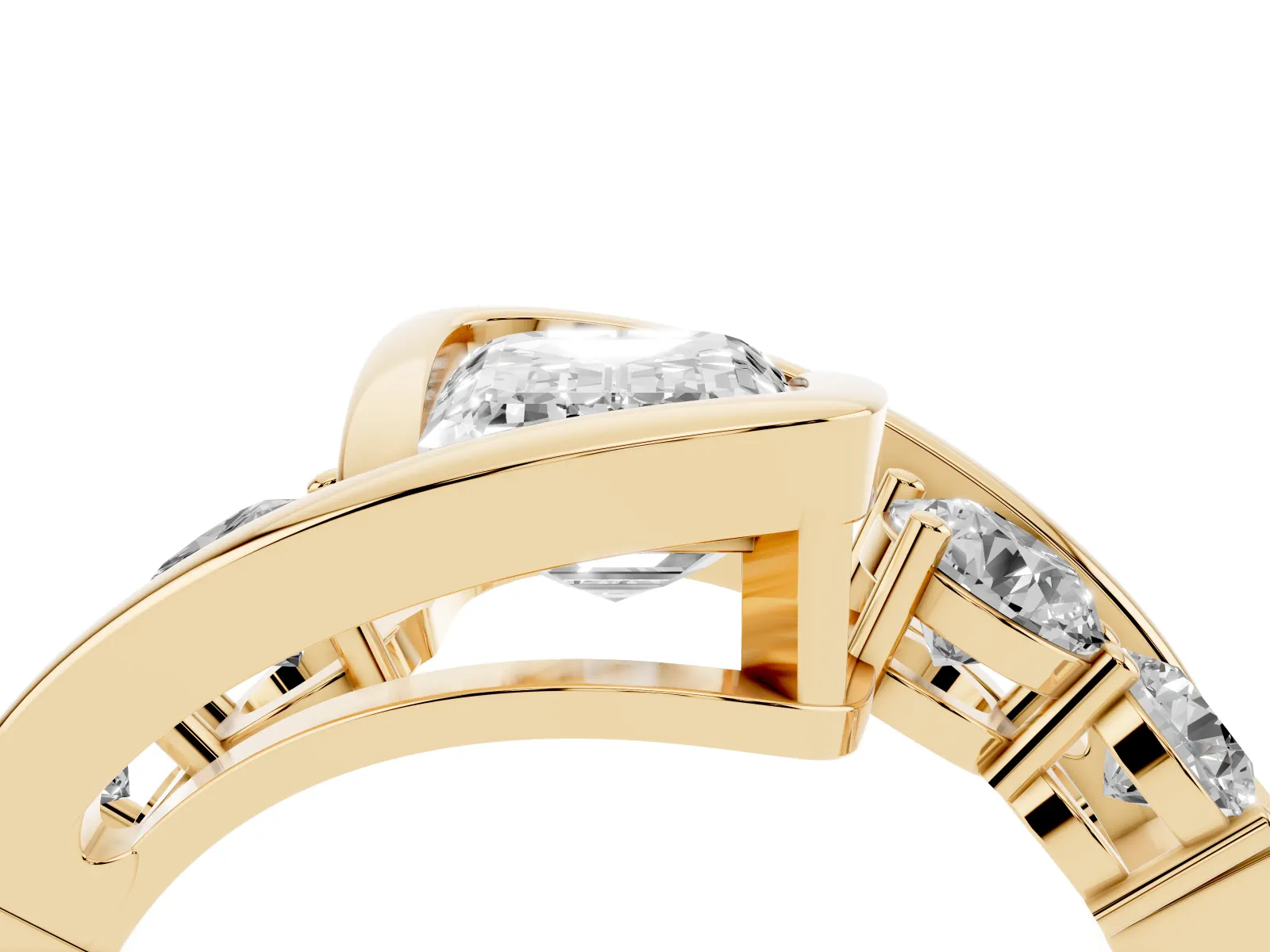 Bezel Set Emerald Cut Diamond Bypass Ring with Round Accents Yellow gold