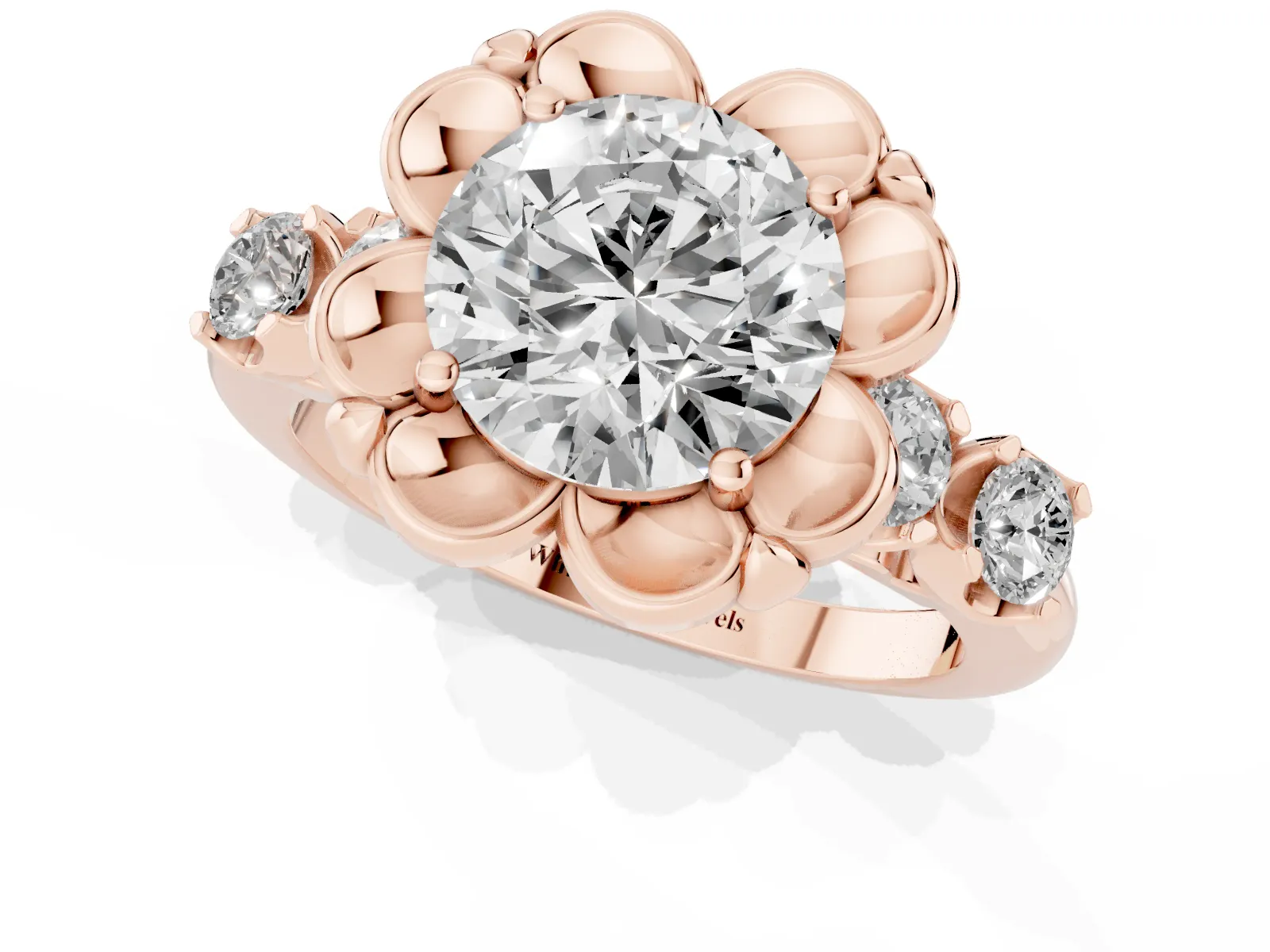 Round Cut Cut Diamond Floral Halo Engagement Ring with Shared Prong Setting Rose gold