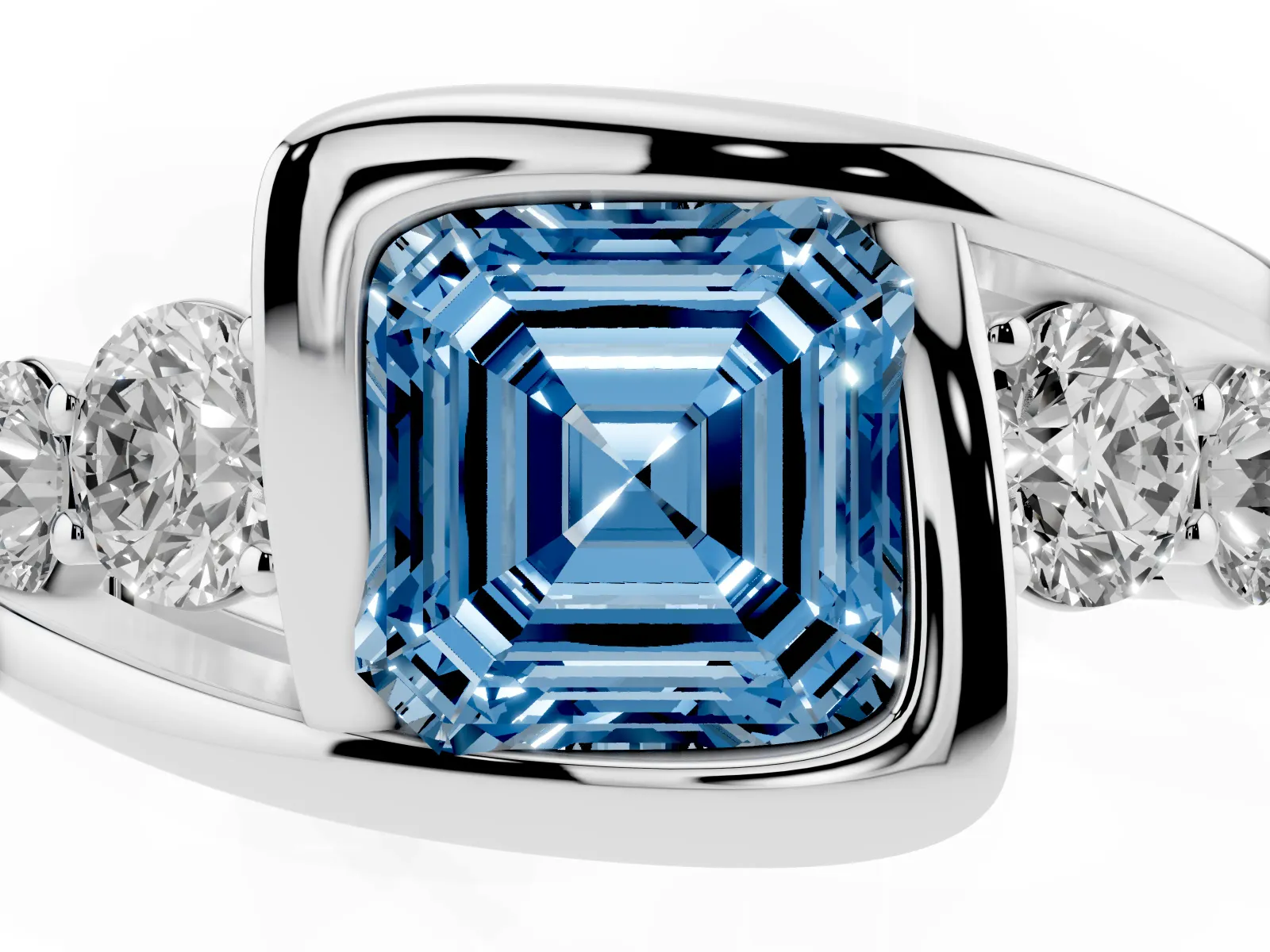 Fancy Blue Bezel Set Asscher Cut Diamond Bypass Ring with Round Accents Platinum