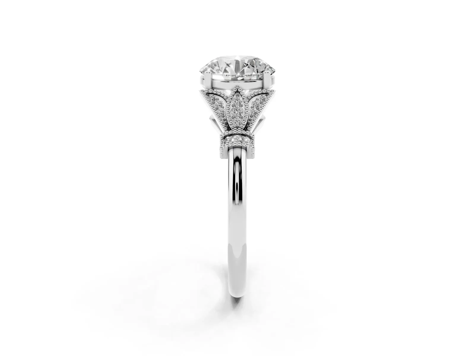 Round Cut Diamond Solitaire Ring with Floral Filigree and Pave Accents Platinum