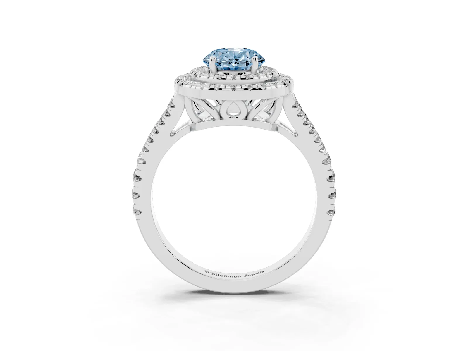 Fancy Blue Oval Cut Diamond Double Halo Ring with Pavé Band and Prong Setting Platinum