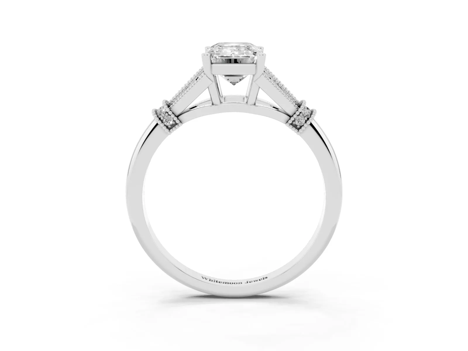 Emerald Cut Diamond Solitaire Ring with Floral Filigree and Pave Accents Platinum