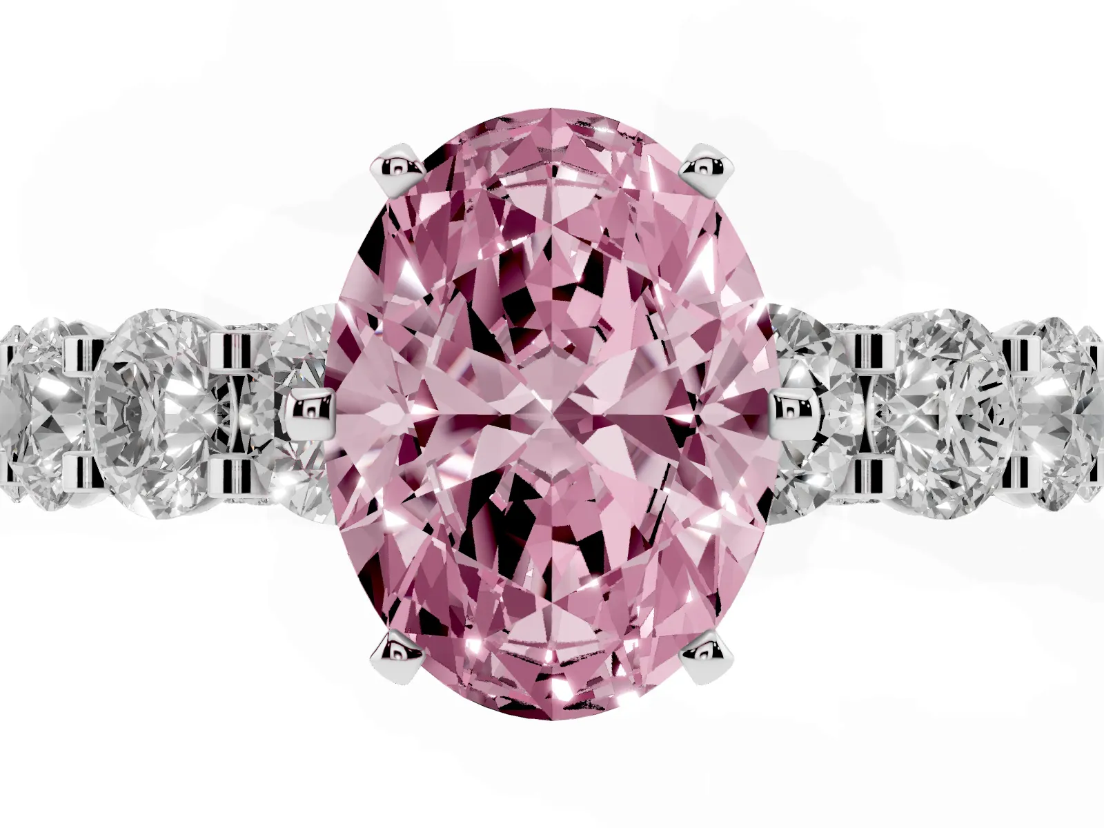 Fancy Pink Oval Cut Diamond Side Stone Engagement Ring with Four-Prong Setting Platinum