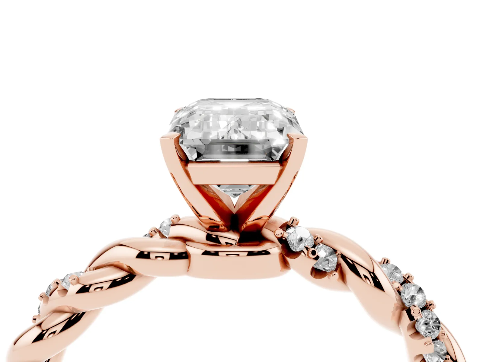 Emerald Cut Diamond Solitaire Ring with Twisted Band and Pavé Accents Rose gold