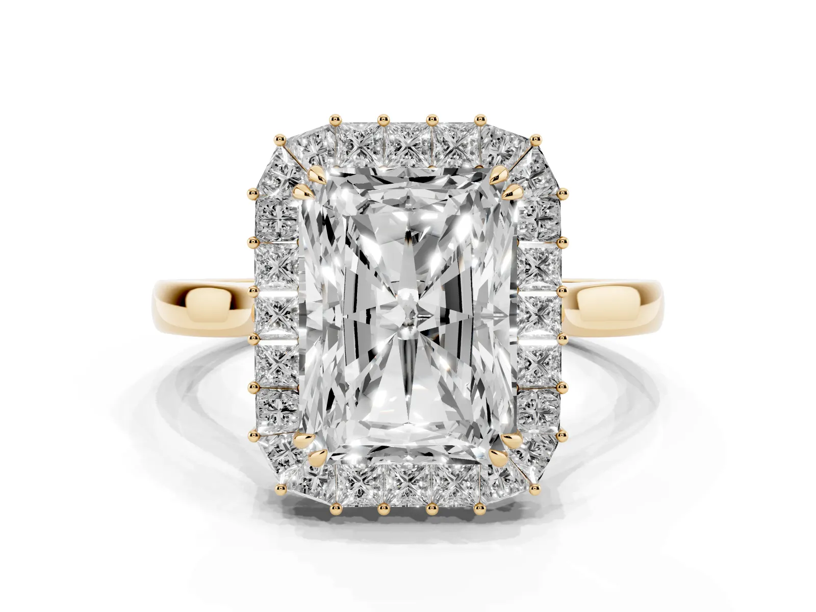 Radiant Diamond Baguette Halo Engagement Ring Yellow gold
