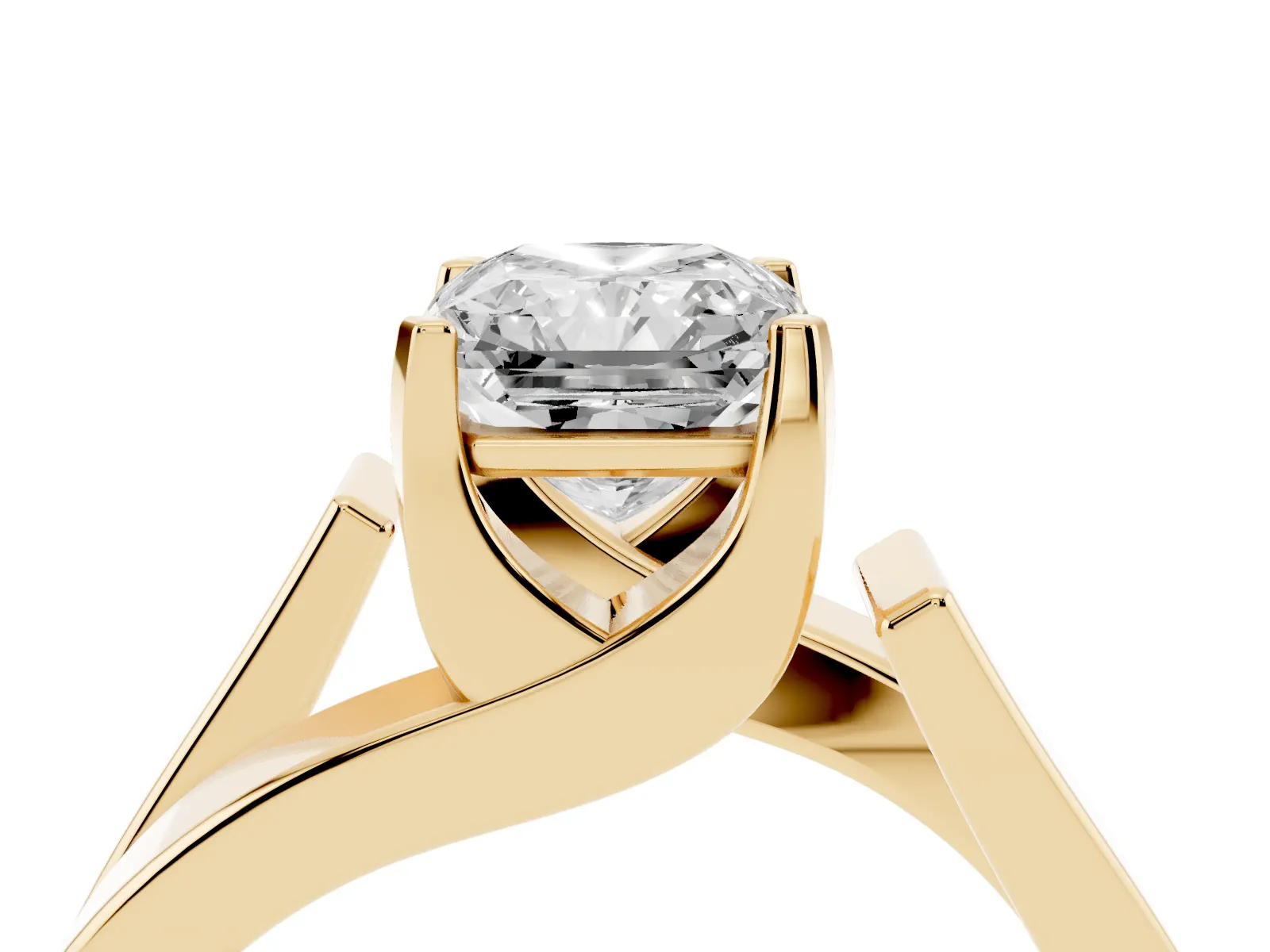Modern Tension Set Radiant Cut Diamond Solitaire Wide Band Ring Yellow gold