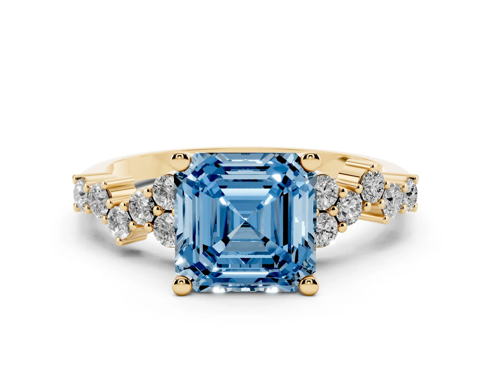 Fancy Blue Asscher Cut Diamond Scattered Round Accent Ring with Prong Setting Yellow gold