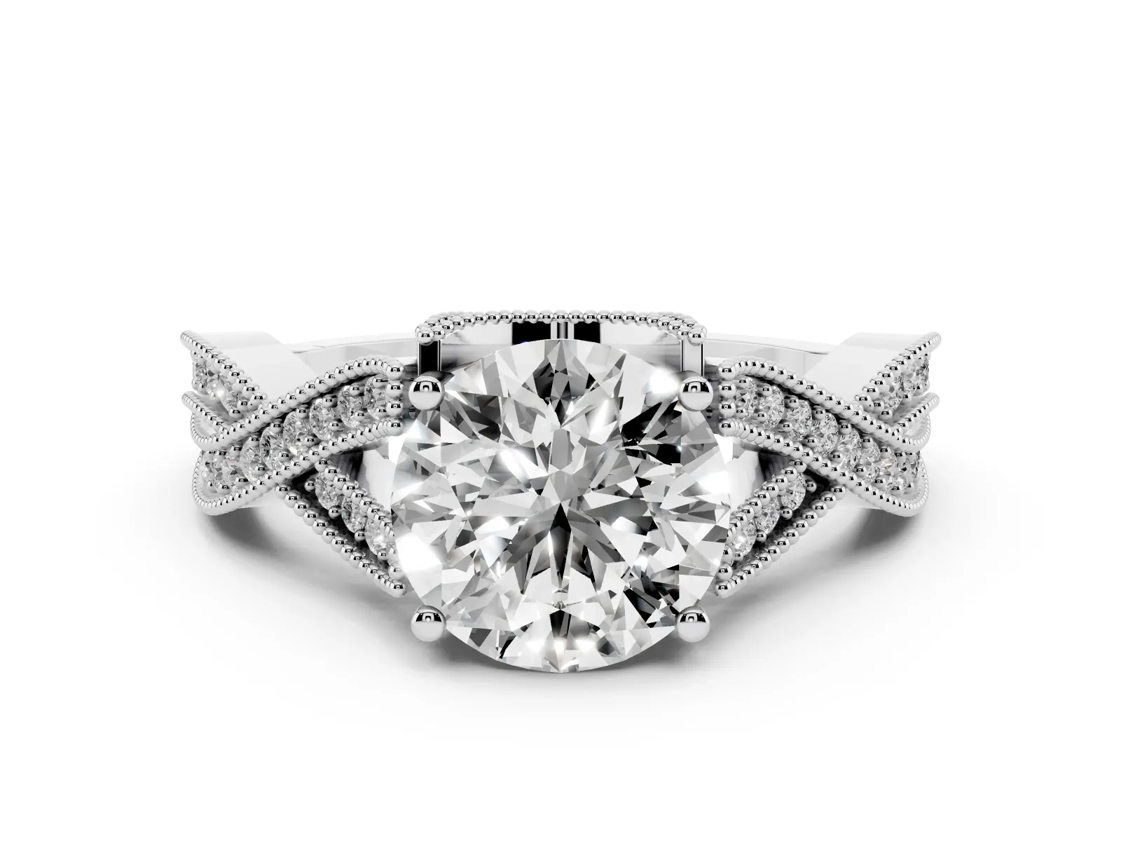 Round Cut Cut Diamond Twisted Band with Milgrain Pave Setting and Four-Prong Setting Platinum