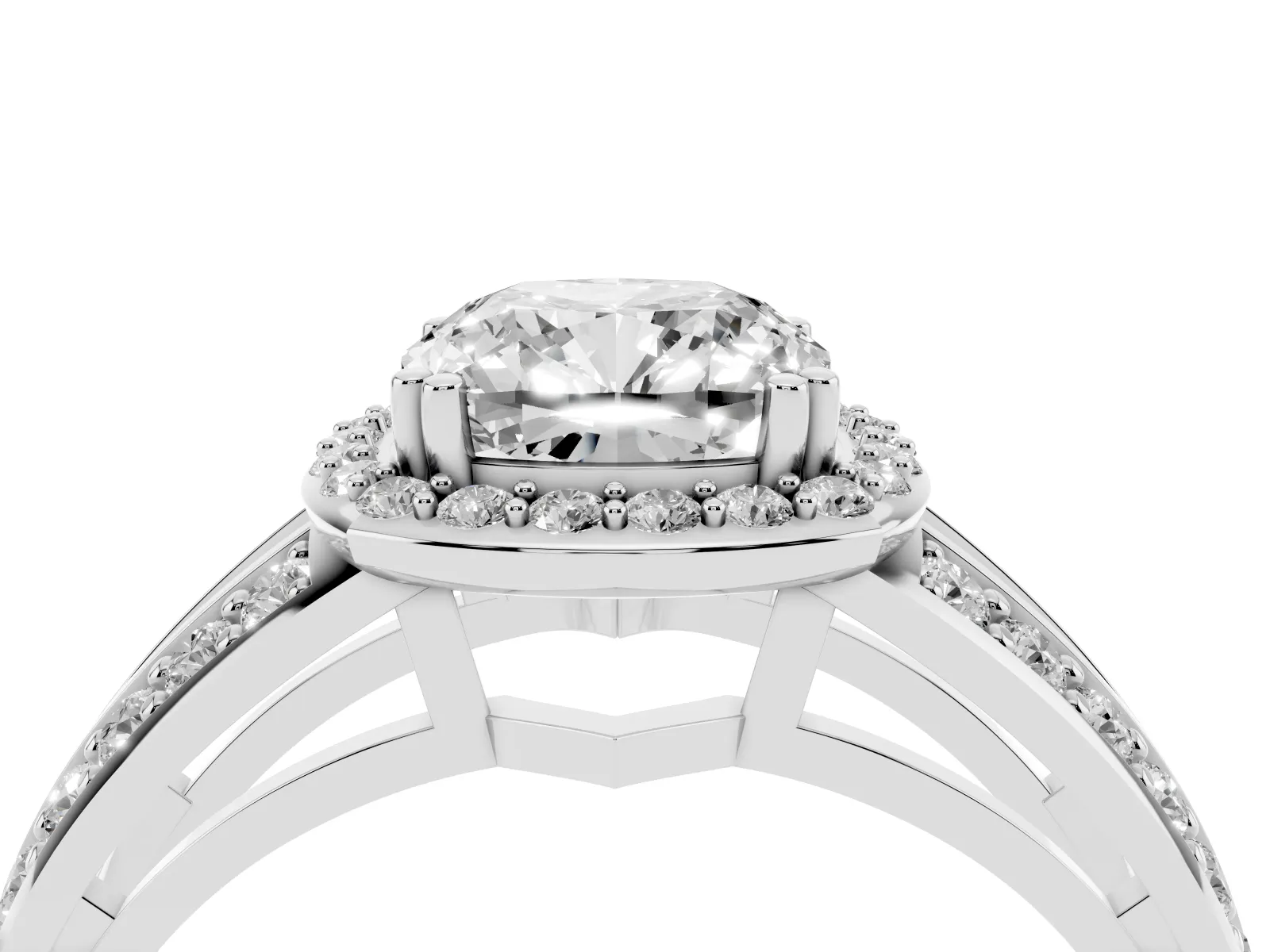 Cushion Cut Diamond Halo Ring with Split Shank Pavé Band and Four-Prong Setting Platinum