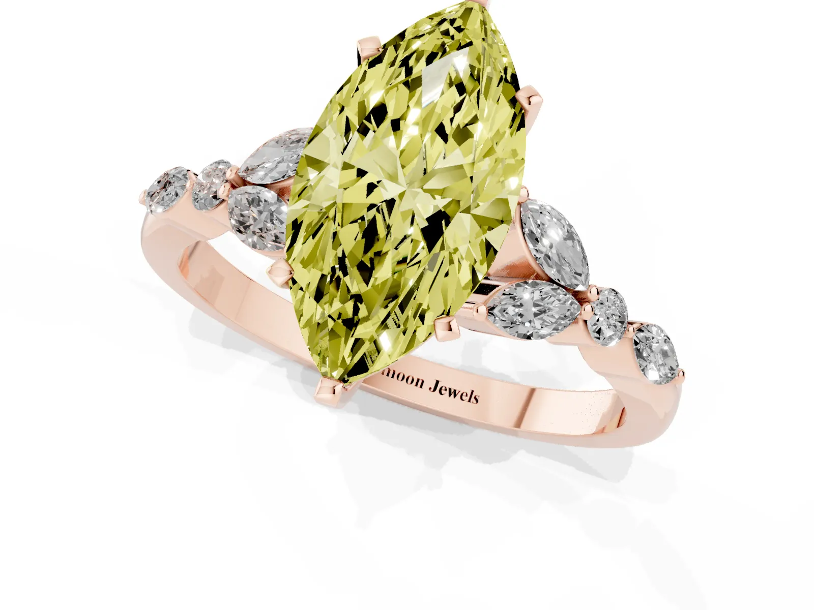 Fancy Yellow Marquise Cut Diamond Solitaire Ring with Side Stones and Four-Prong Setting Rose gold
