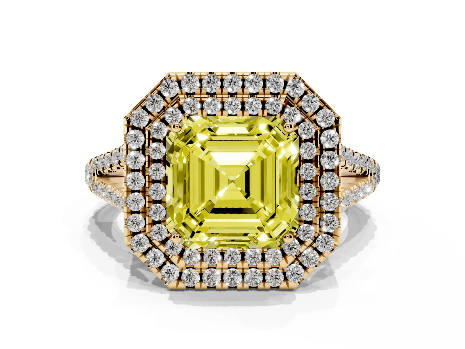 Fancy Yellow Asscher Cut Diamond Double Halo Ring with Pavé Band and Prong Setting Yellow gold