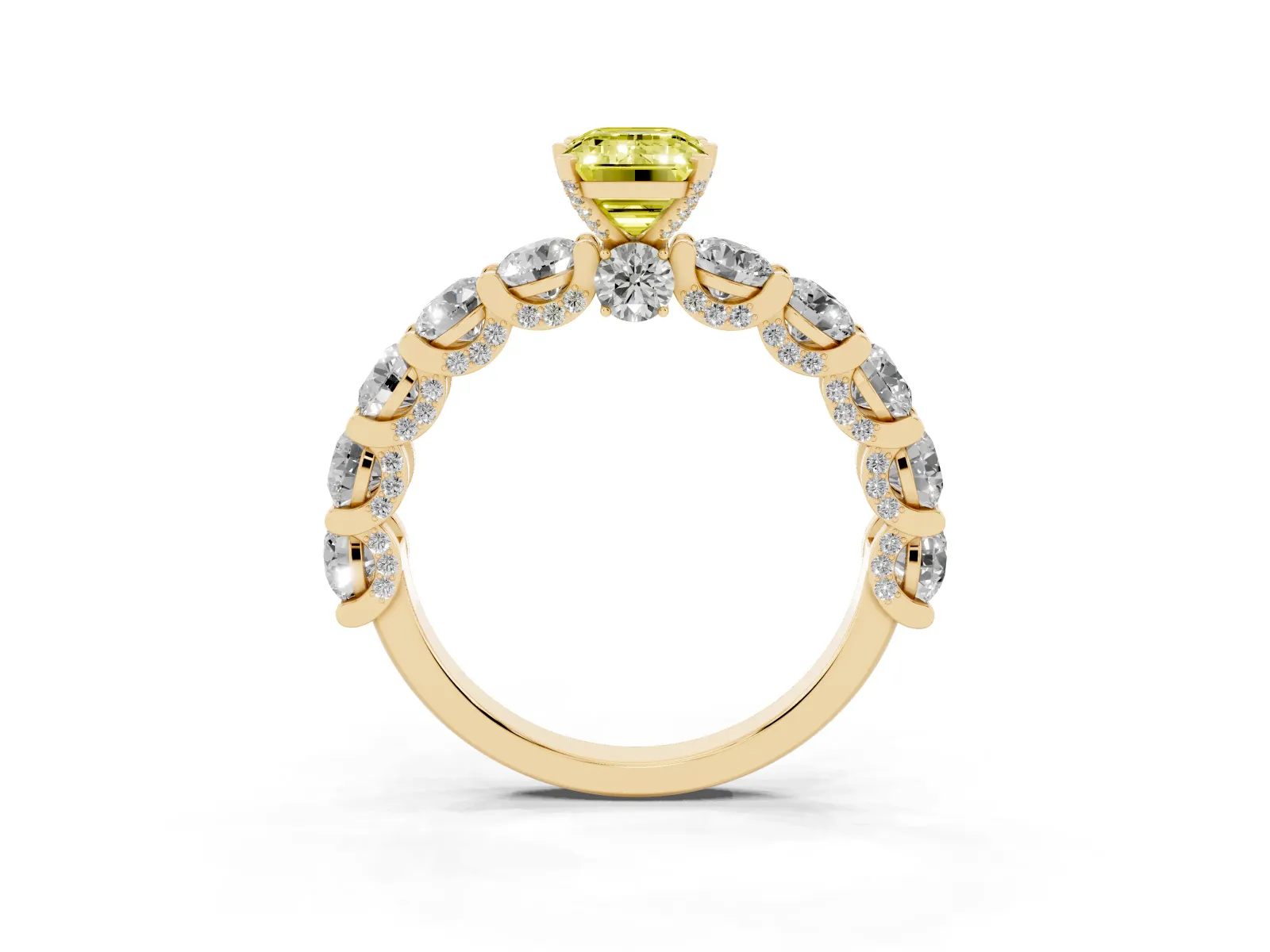 Fancy Yellow Emerald Cut Diamond Side Stone Engagement Ring with Four-Prong Setting Yellow gold