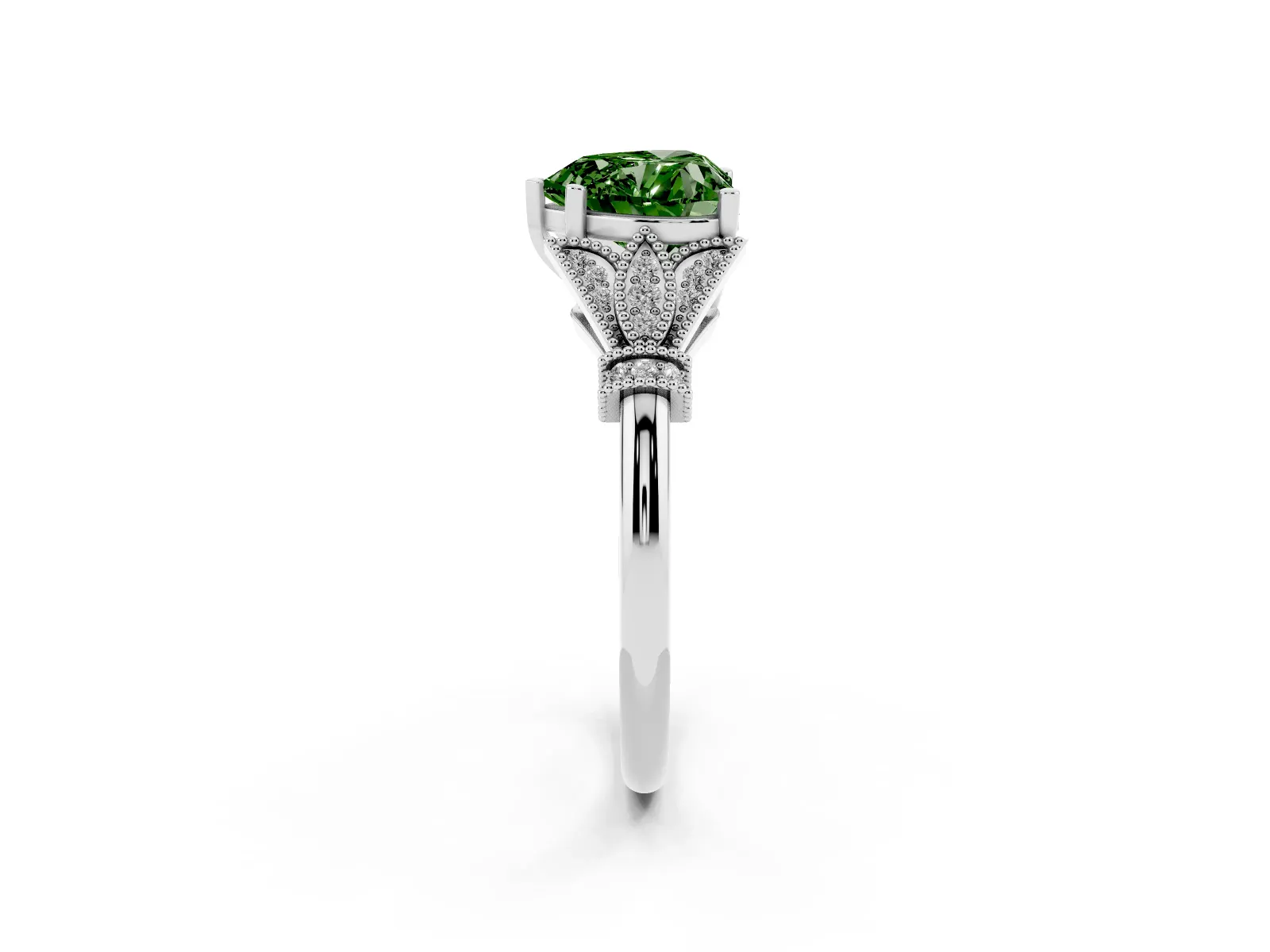 Fancy Green Heart Cut Diamond Solitaire Ring with Floral Filigree and Pave Accents Platinum