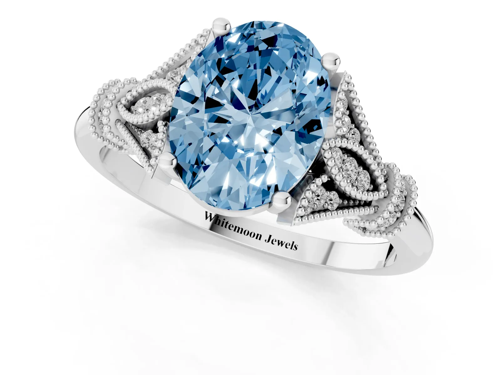 Fancy Blue Oval Cut Diamond Solitaire Ring with Floral Filigree and Pave Accents White gold