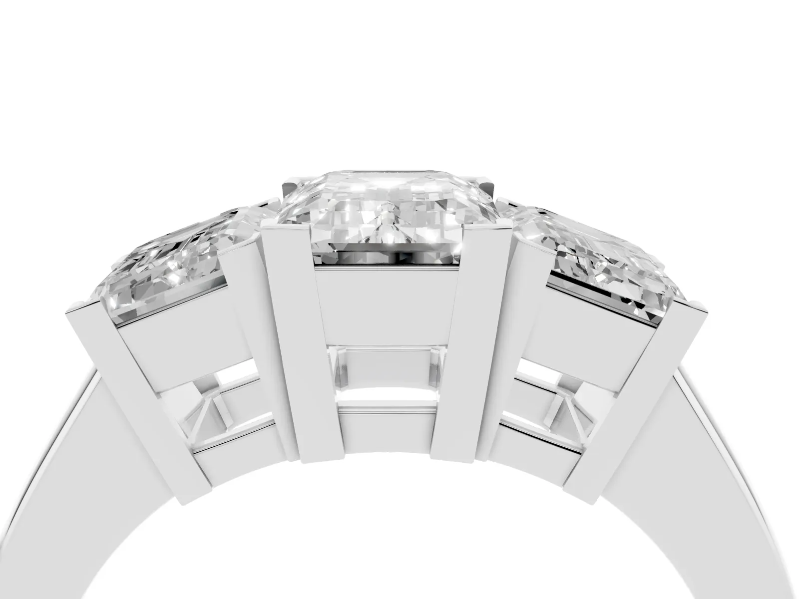 Three-Stone Emerald Cut Cut Diamond Ring with Channel Set Band and Four-Prong Setting Platinum