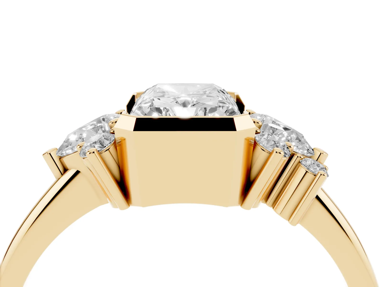 Radiant Diamond Engagement Ring with Pear and Round Side Stones Yellow gold