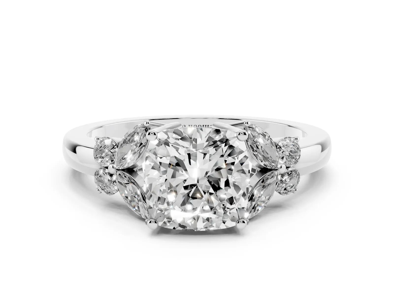 Cushion Cut Cut Solitaire Floral Diamond Ring with Four-Prong Setting Platinum