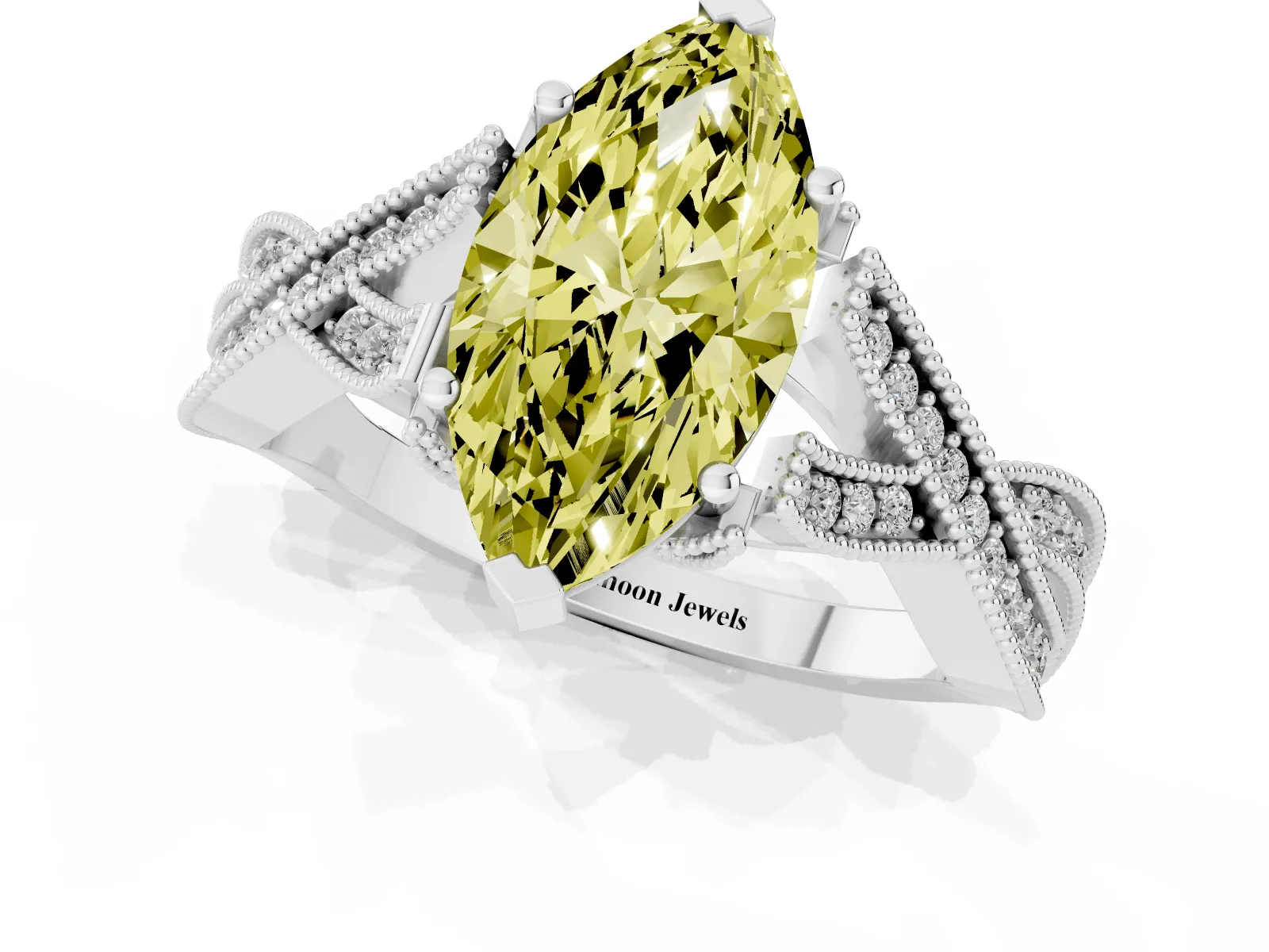 Fancy Yellow Marquise Cut Cut Diamond Twisted Band with Milgrain Pave Setting and Four-Prong Setting Platinum
