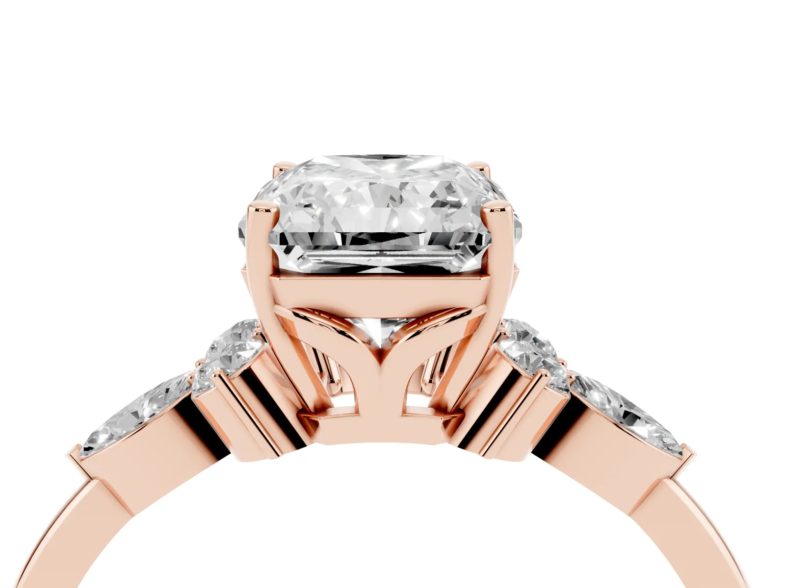 Radiant Cut Brilliant Diamond Solitaire Ring with Pear Side Stones and Four-Prong Setting Rose gold
