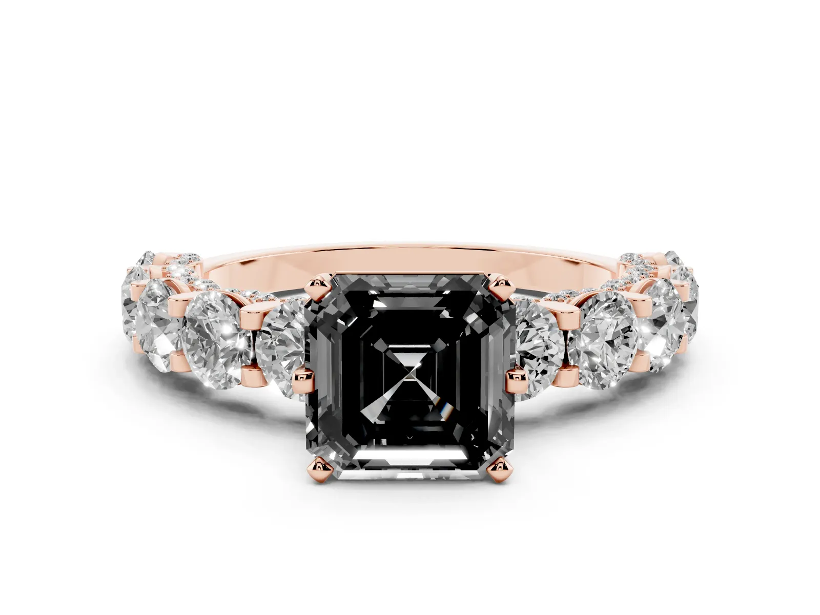 Fancy Black Asscher Cut Diamond Side Stone Engagement Ring with Four-Prong Setting Rose gold