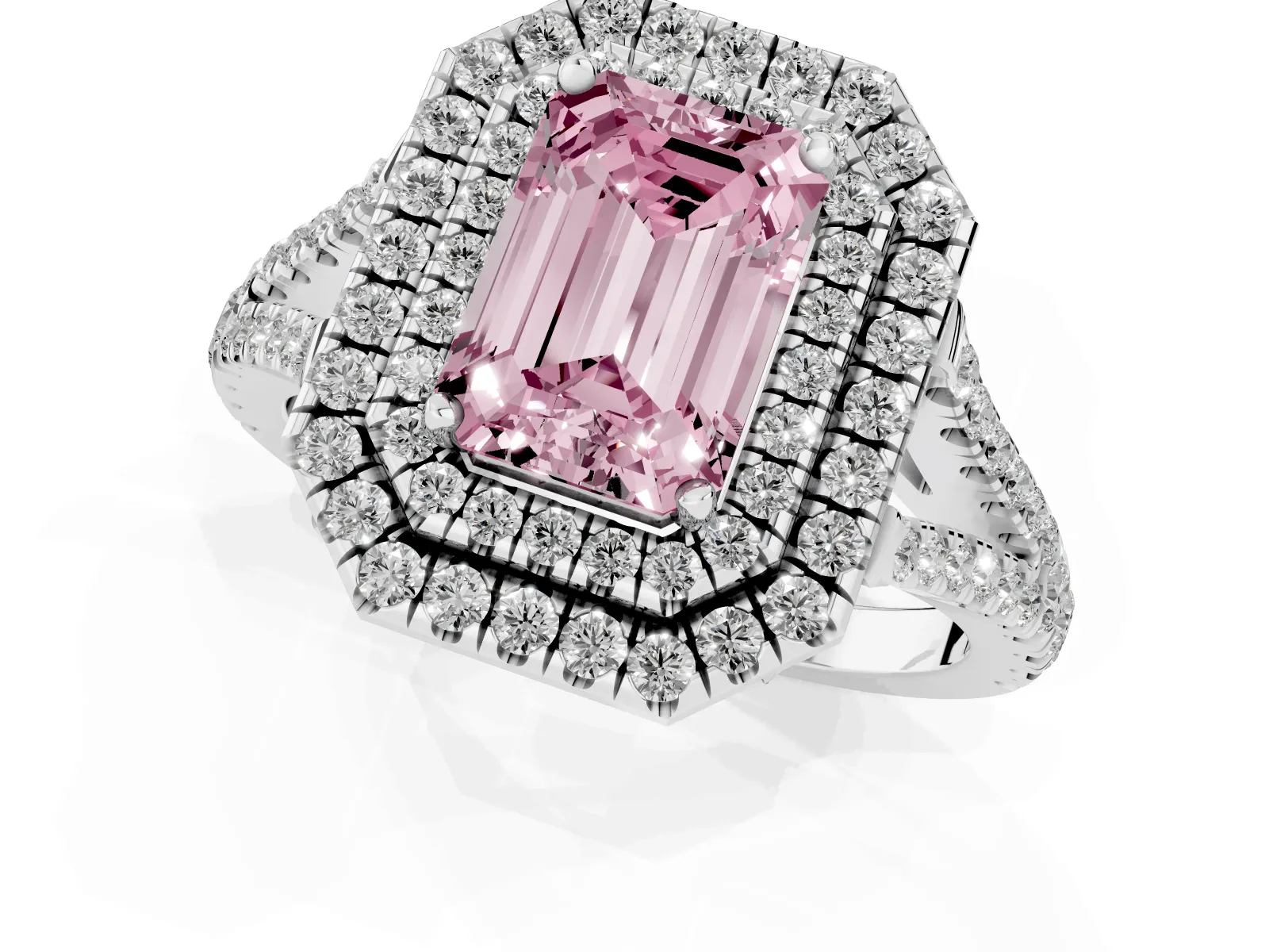 Fancy Pink Emerald Cut Diamond Double Halo Ring with Pavé Band and Prong Setting Platinum