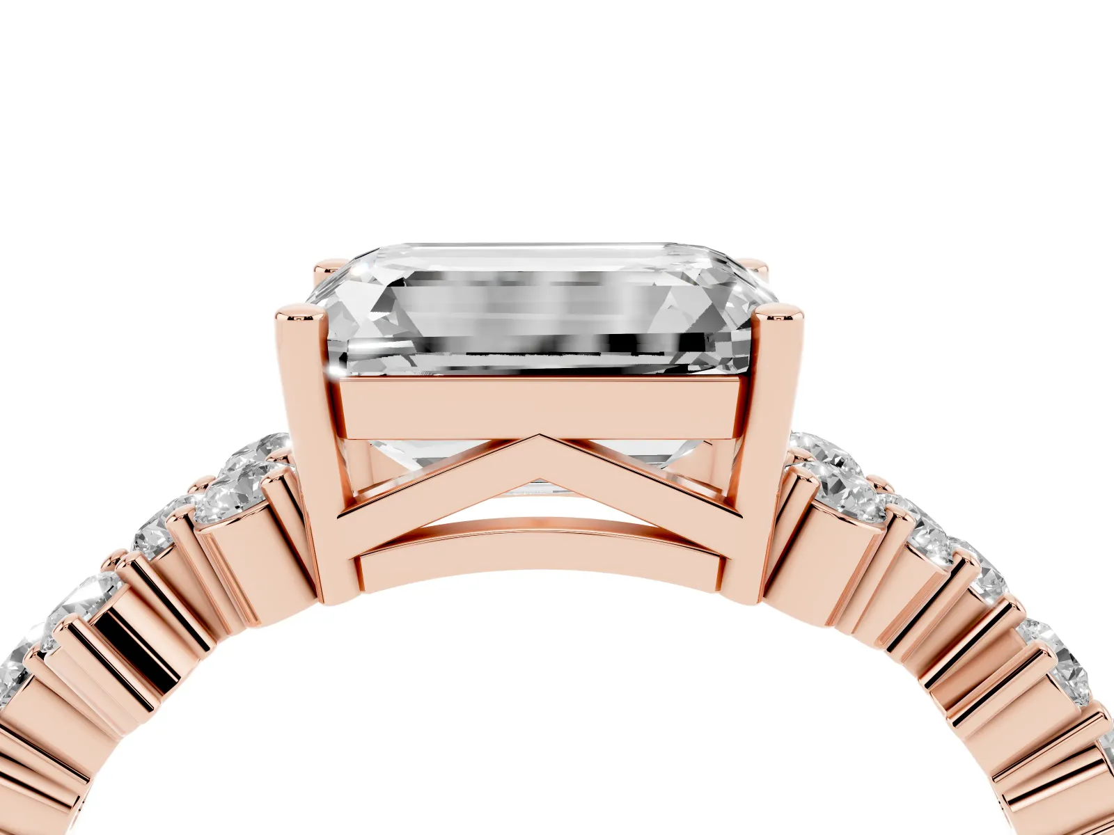 Emerald Cut Diamond Scattered Round Accent Ring with Prong Setting Rose gold