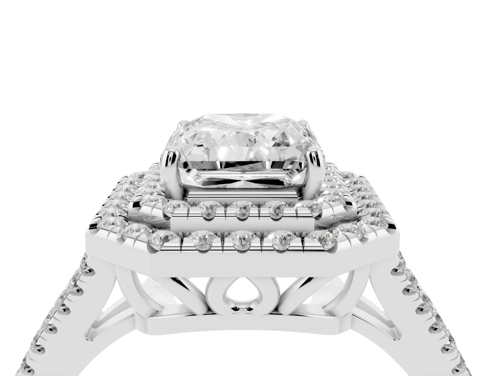 Radiant Cut Diamond Double Halo Ring with Pavé Band and Prong Setting Platinum